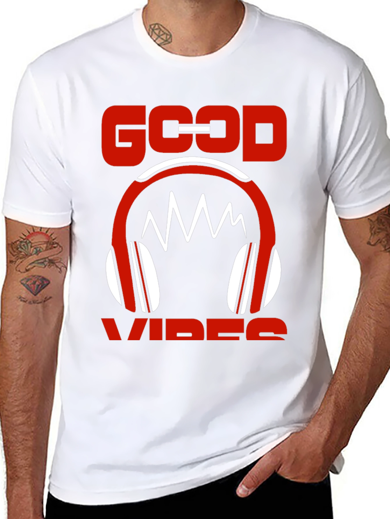 Good Vibes Graphic Tee - Red Headphones Design