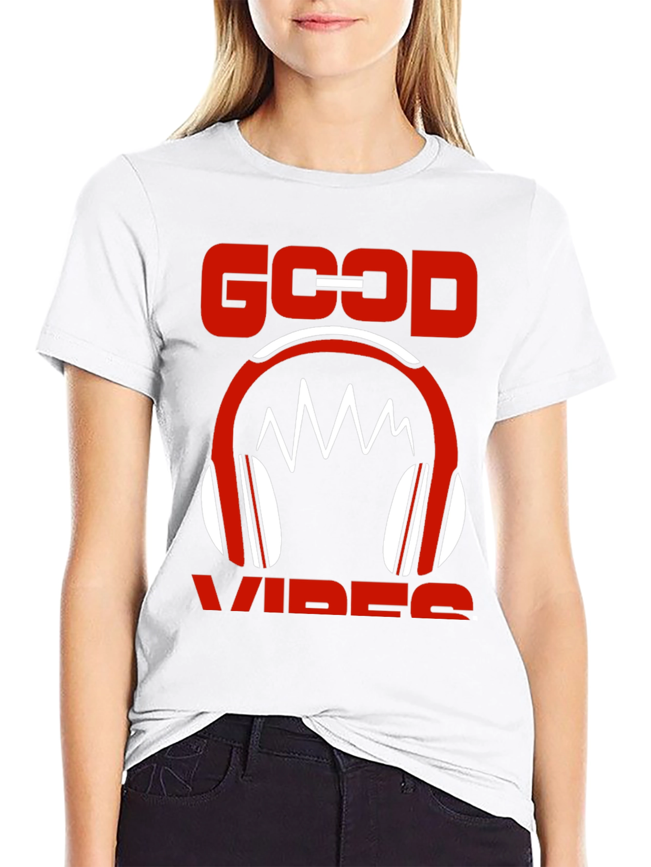 Good Vibes Graphic Tee - Red Headphones Design