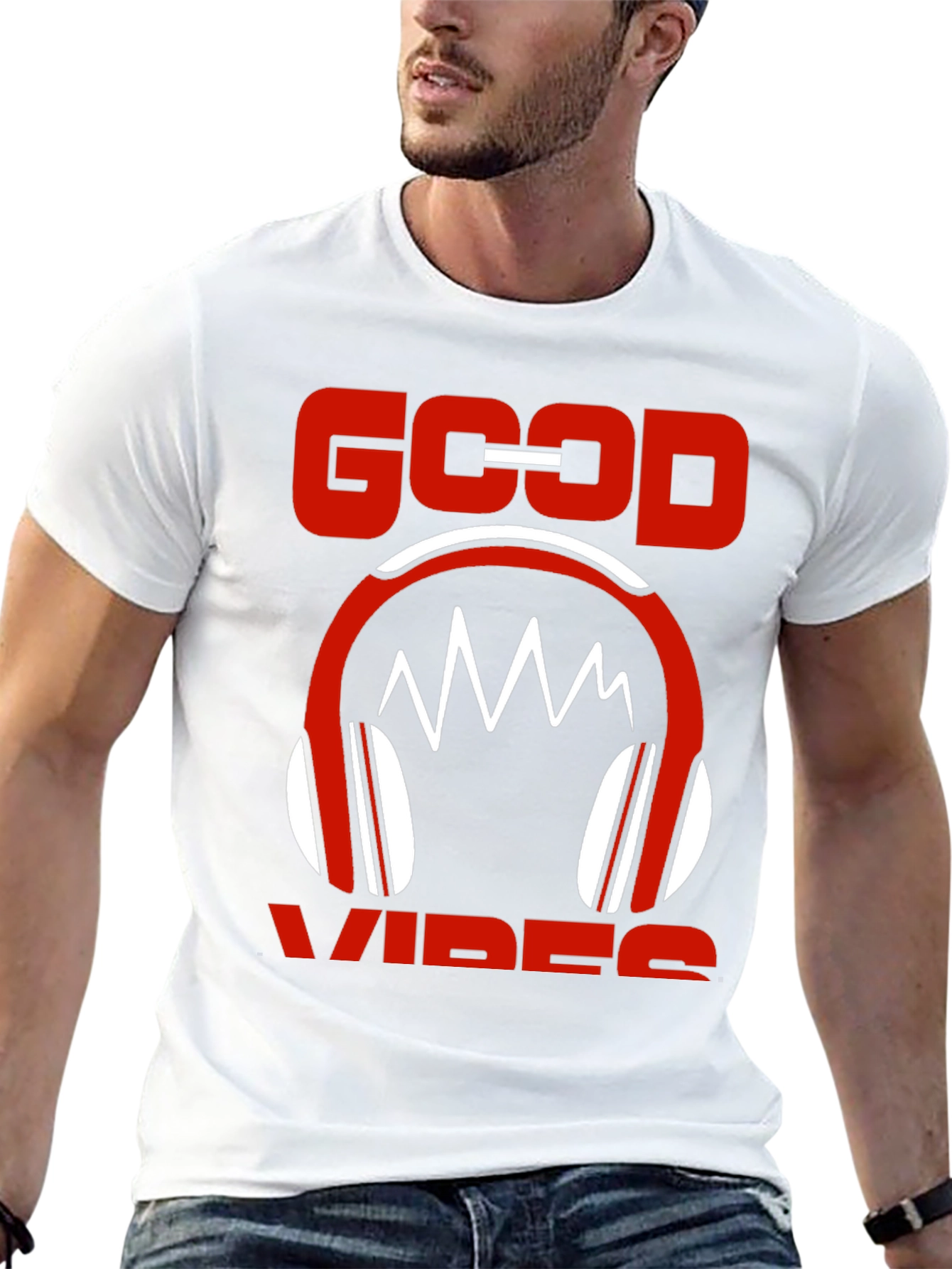 Good Vibes Graphic Tee - Red Headphones Design