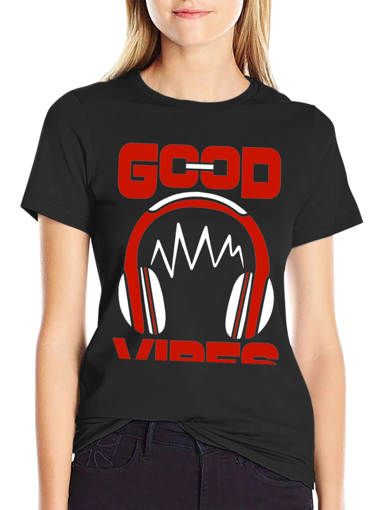 Good Vibes Graphic Tee - Red Headphones Design