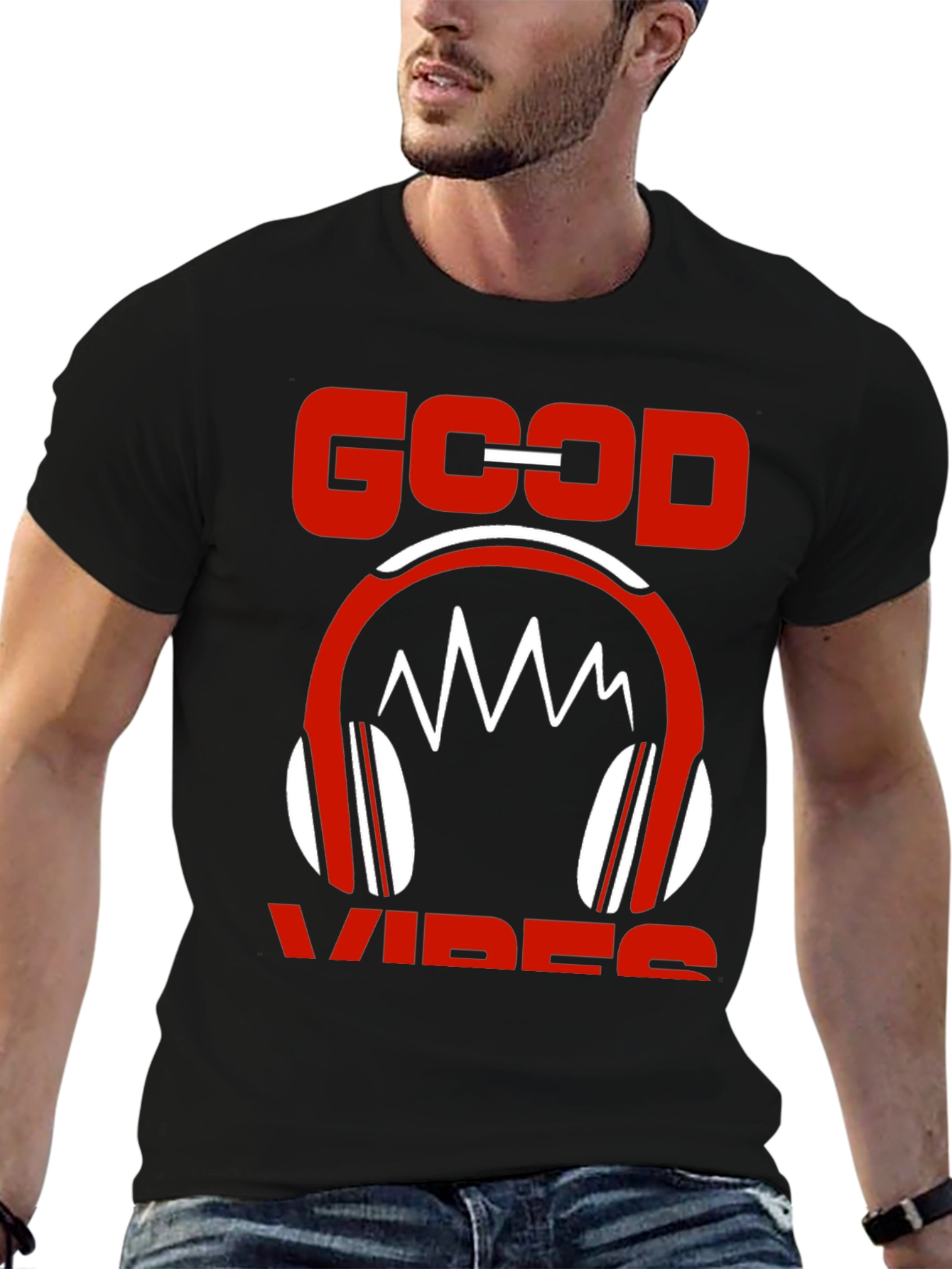 Good Vibes Graphic Tee - Red Headphones Design