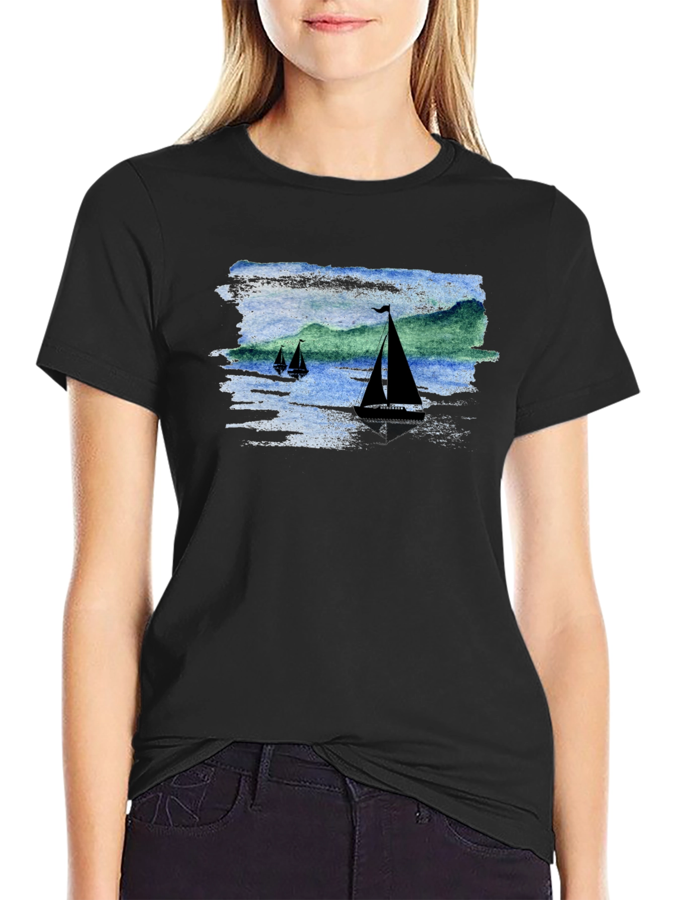 Sailboat Scene Graphic Black T-Shirt
