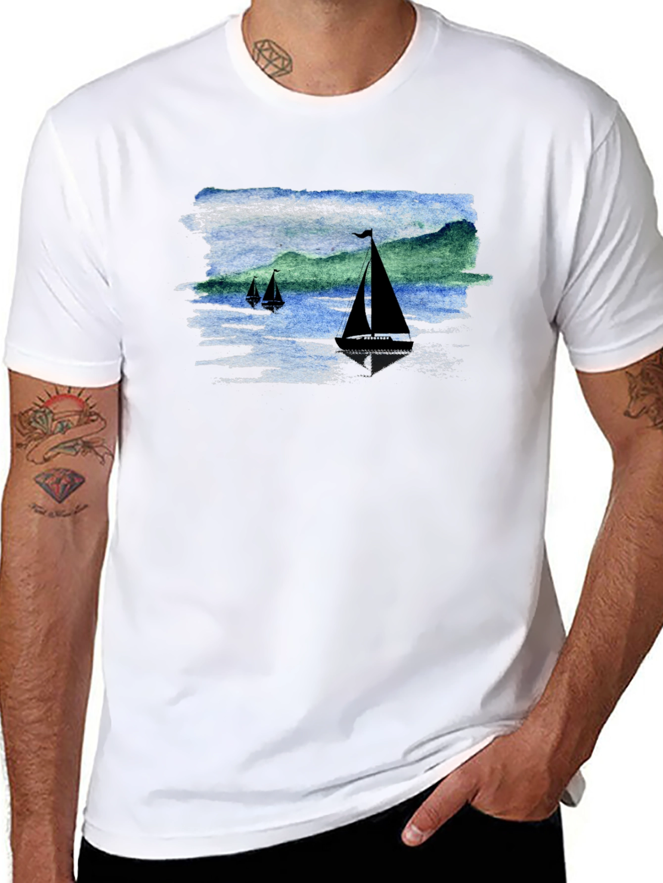 Sailboat Scene Graphic Black T-Shirt