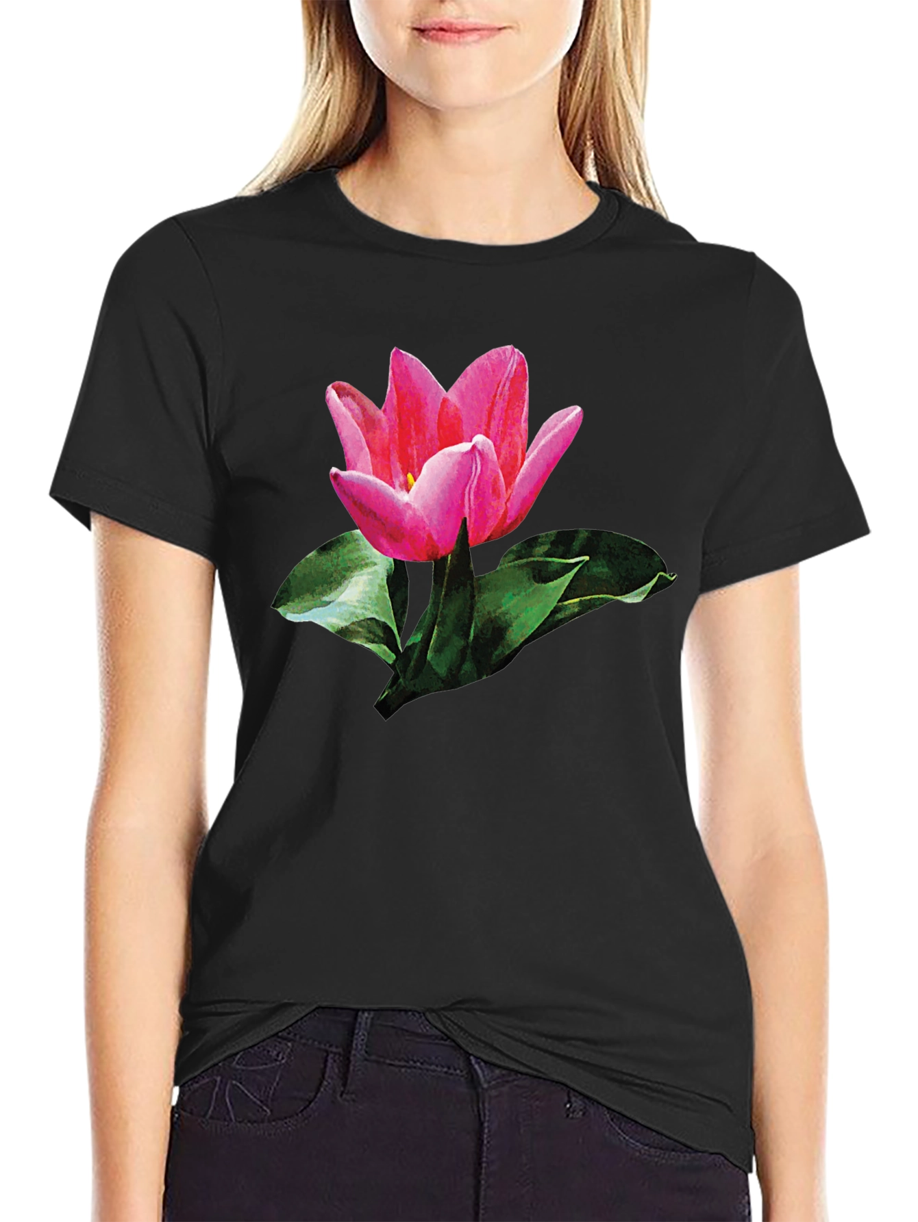 Pink Tulip Graphic Print Black T-Shirt