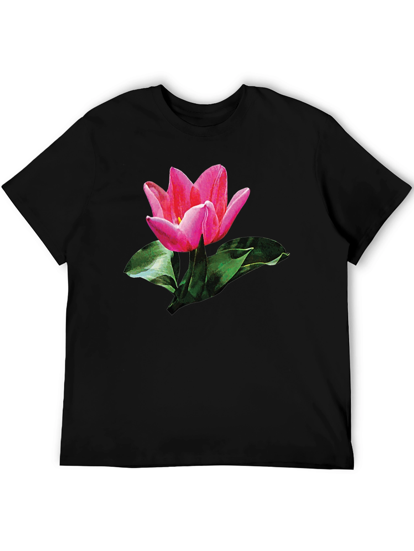 Pink Tulip Graphic Print Black T-Shirt