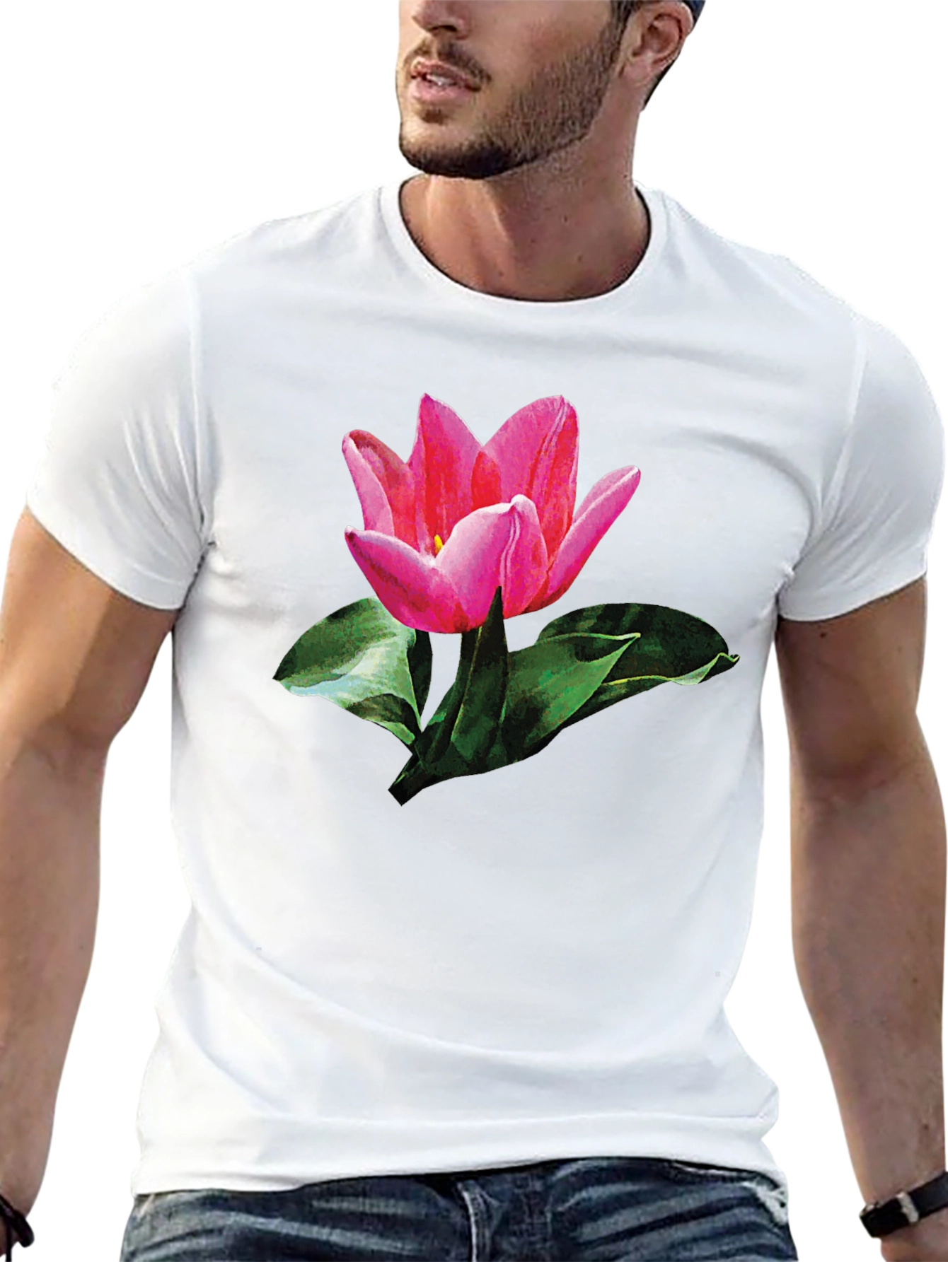 Pink Tulip Graphic Print Black T-Shirt