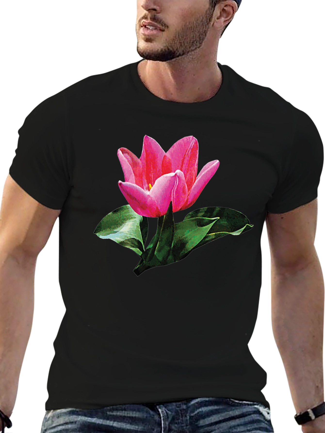 Pink Tulip Graphic Print Black T-Shirt