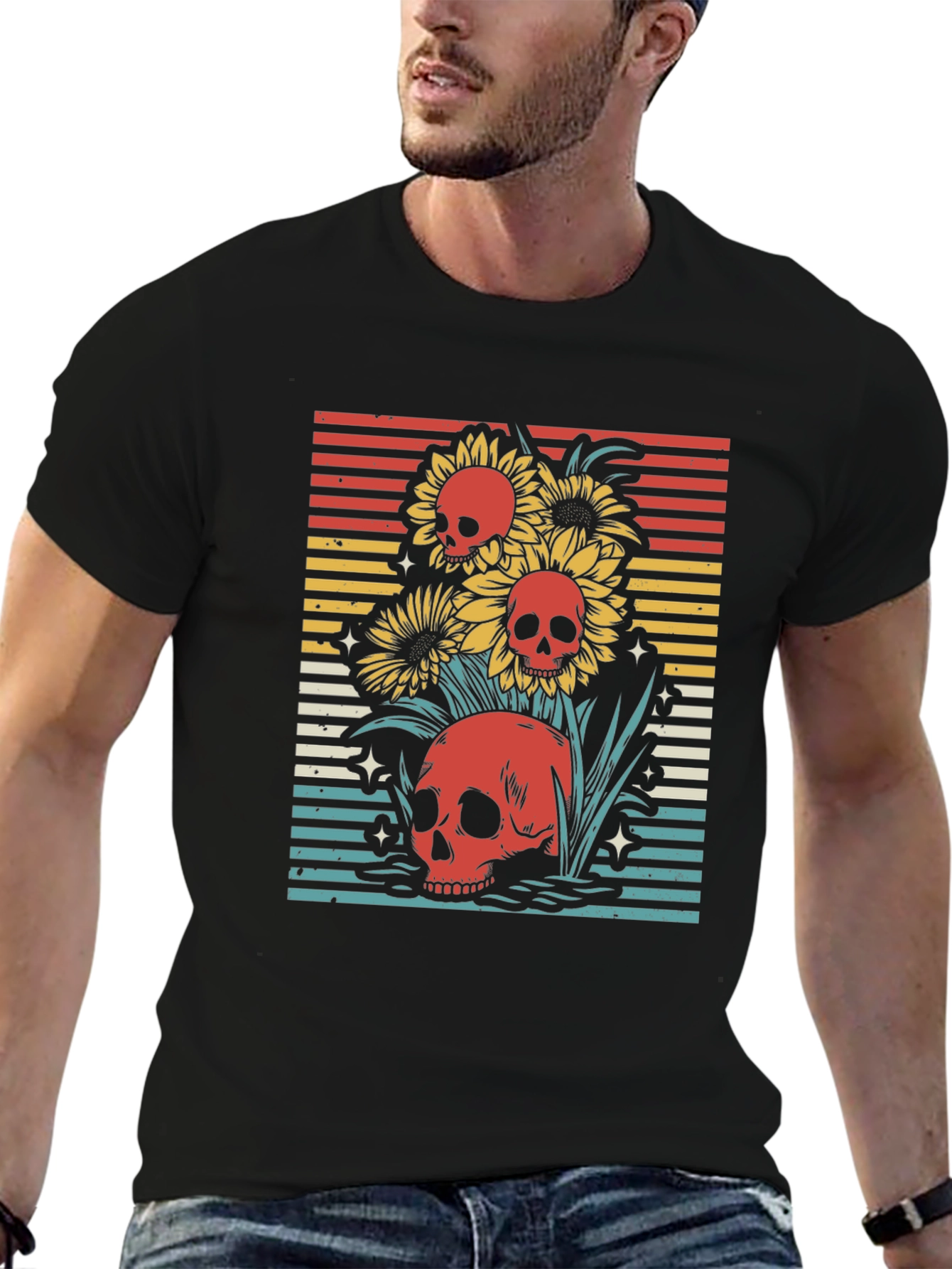 Skull & Sunflower Graphic Tee - Retro Style