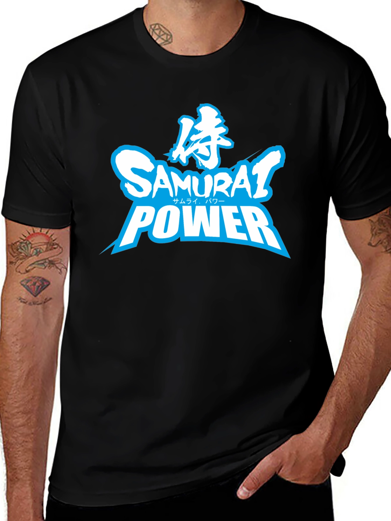 Samurai Power Graphic T-Shirt - Black Crew Neck Tee
