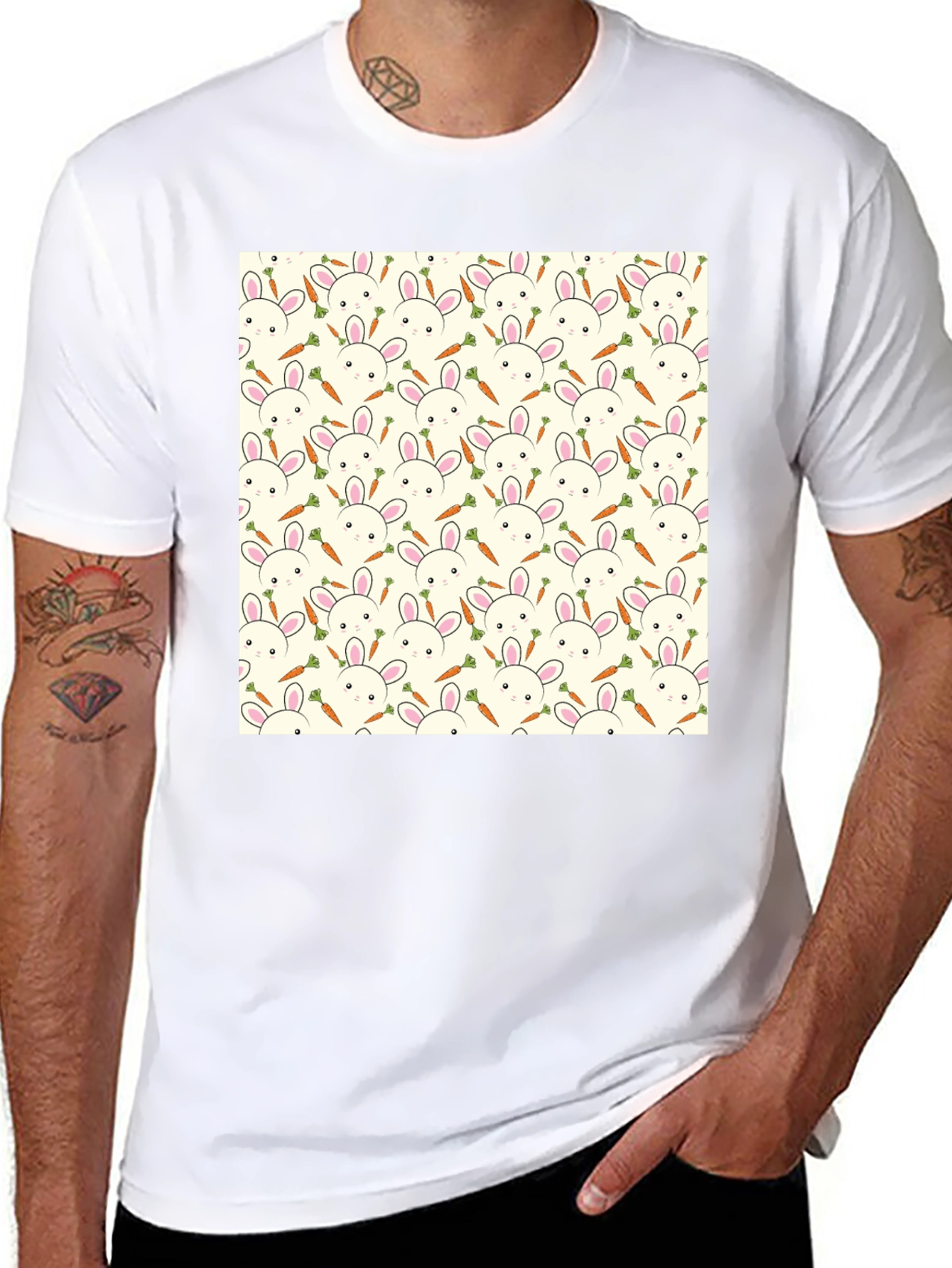 Bunny & Carrot Pattern T-Shirt - Black