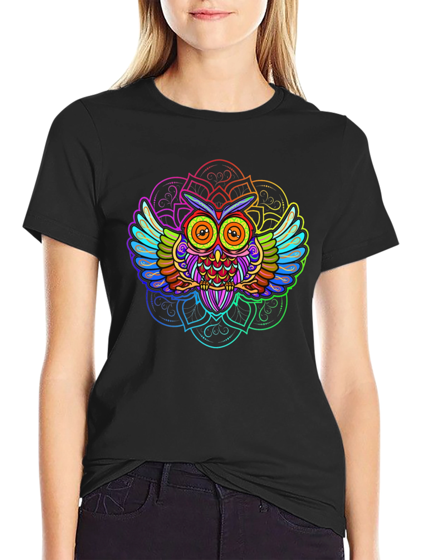 Psychedelic Owl Mandala Graphic Tee - Black