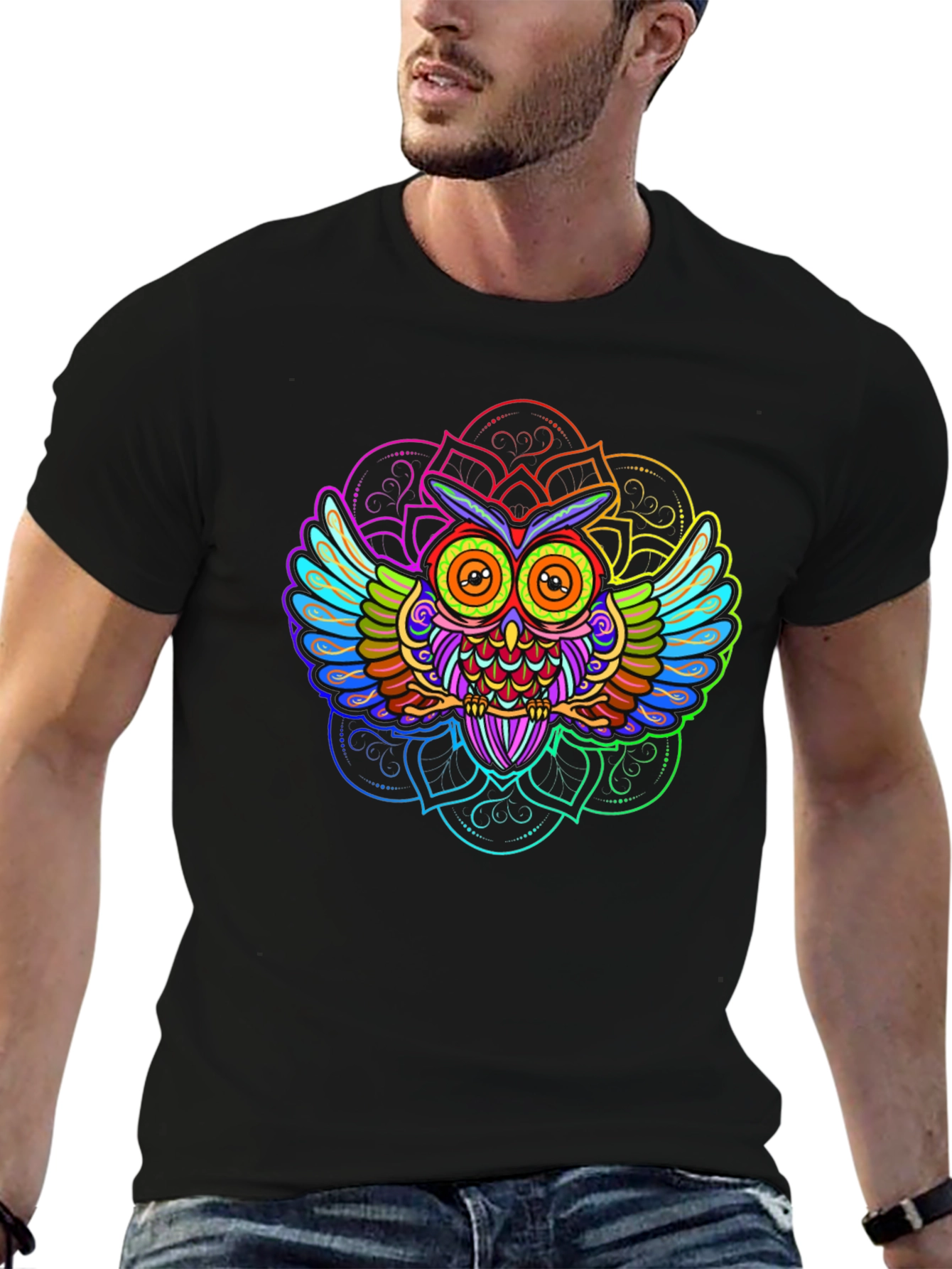Psychedelic Owl Mandala Graphic Tee - Black