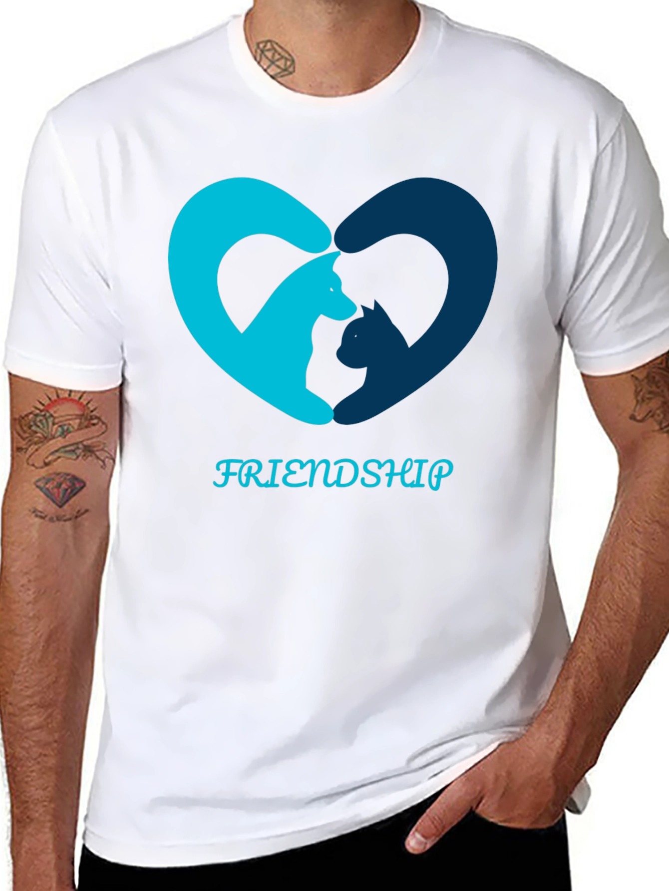 Friendship T-Shirt - Cat and Dog Heart Design
