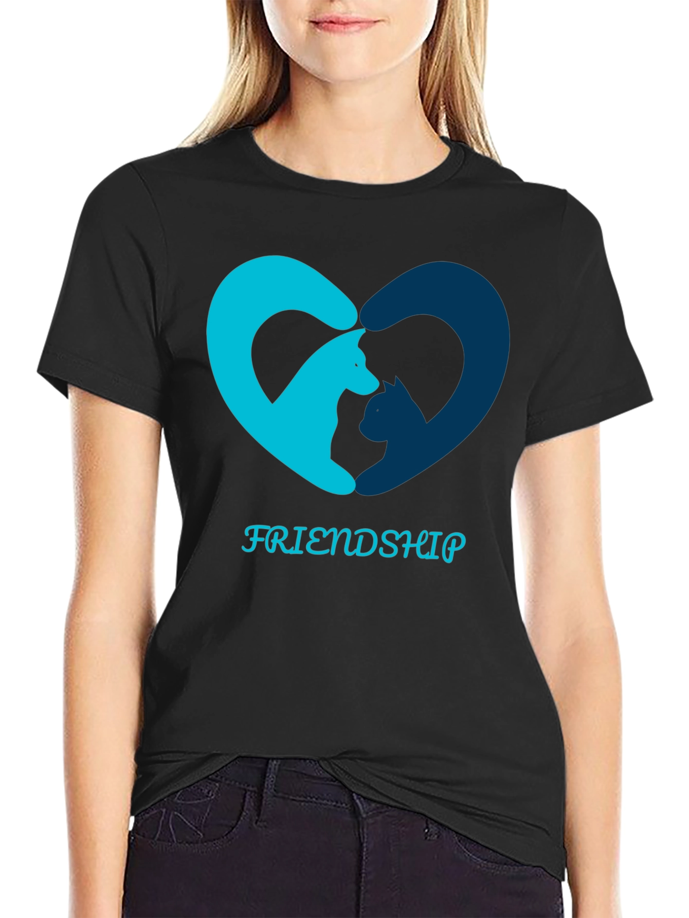 Friendship T-Shirt - Cat and Dog Heart Design