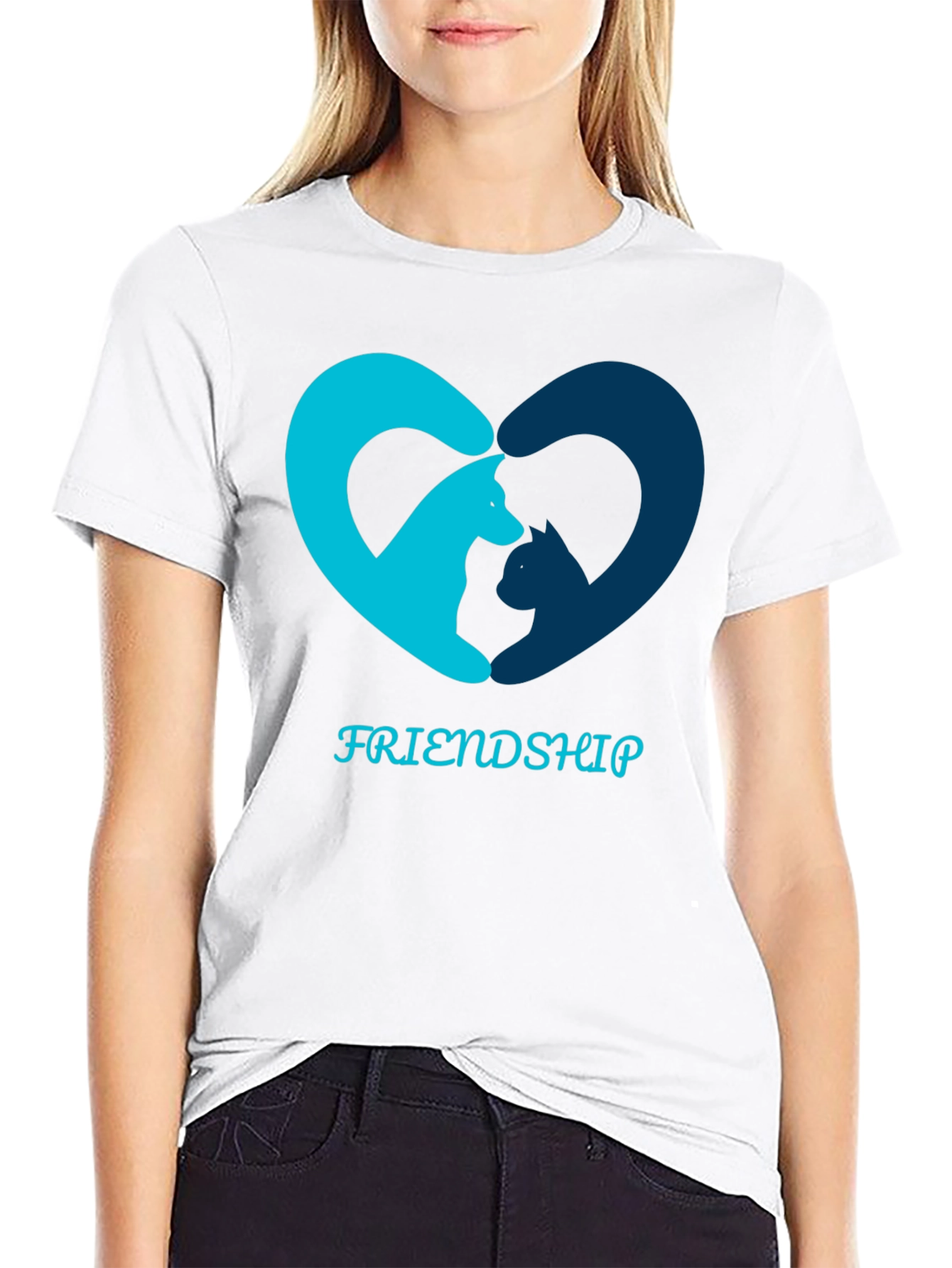 Friendship T-Shirt - Cat and Dog Heart Design