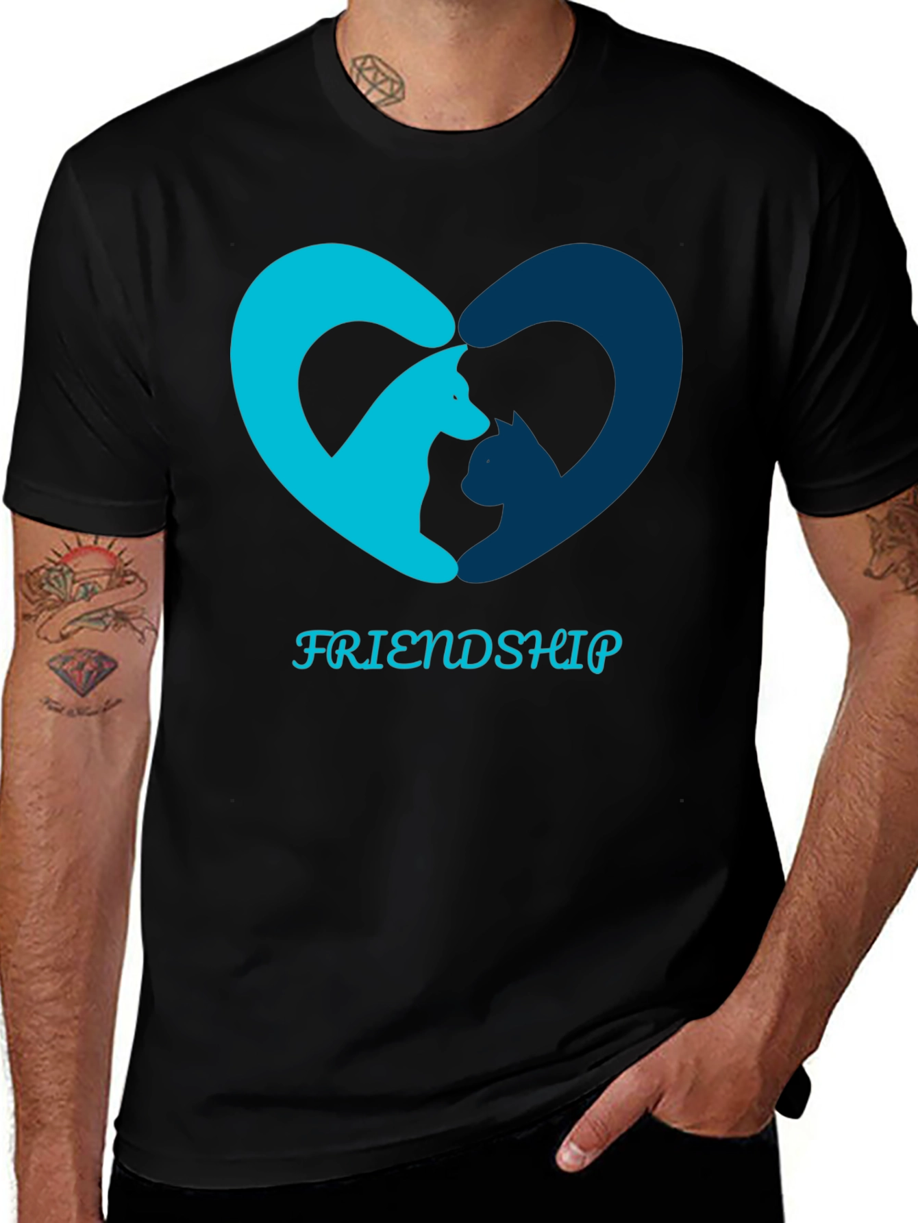 Friendship T-Shirt - Cat and Dog Heart Design