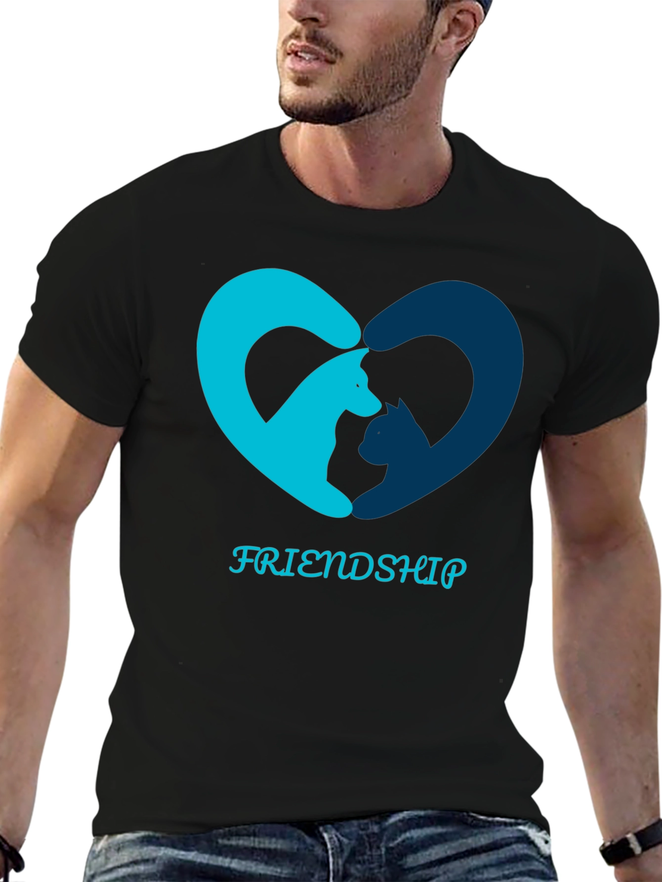 Friendship T-Shirt - Cat and Dog Heart Design