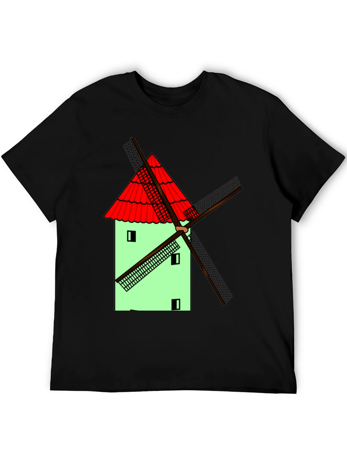 Novelty Windmill Graphic T-Shirt - Black Cotton Blend