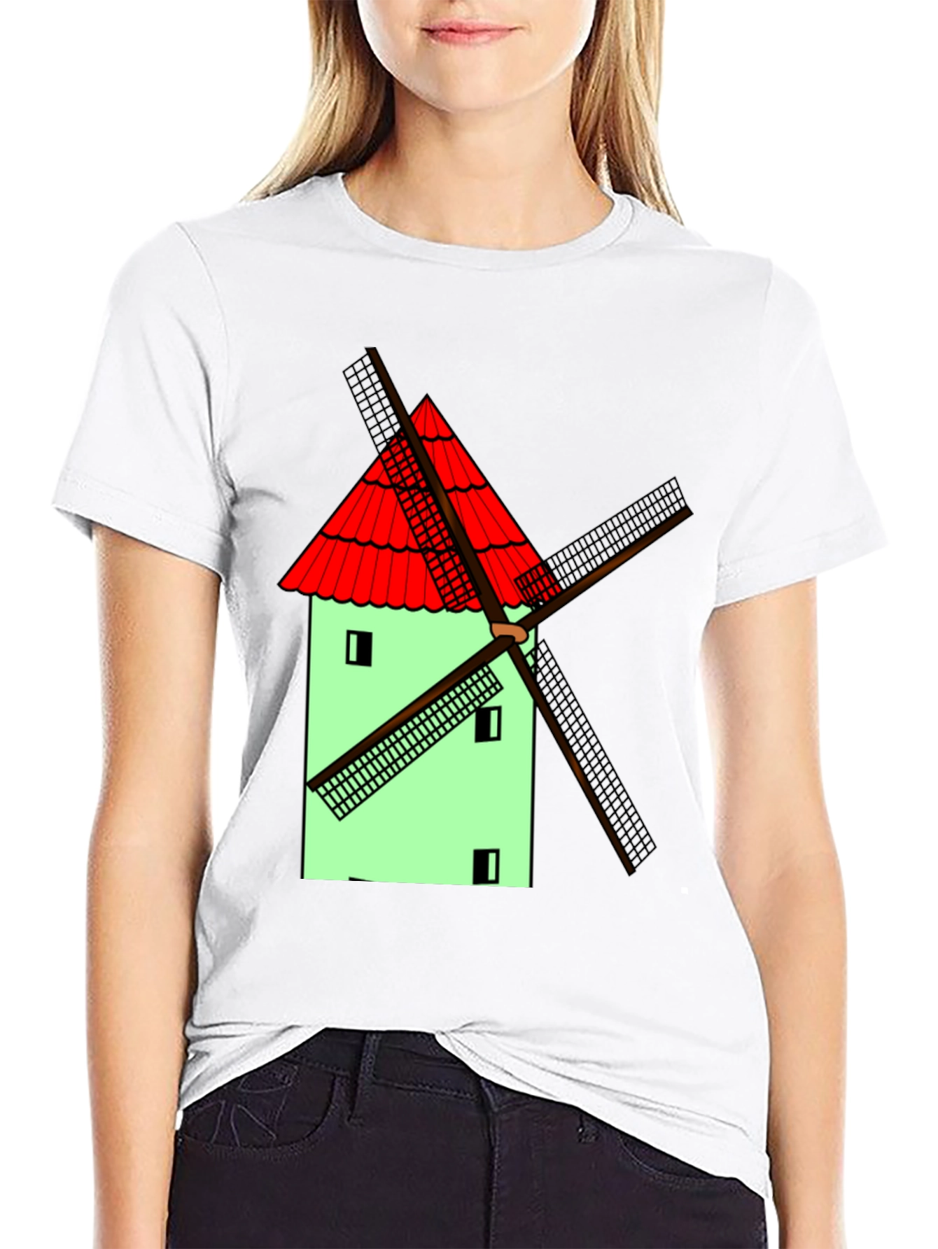 Novelty Windmill Graphic T-Shirt - Black Cotton Blend