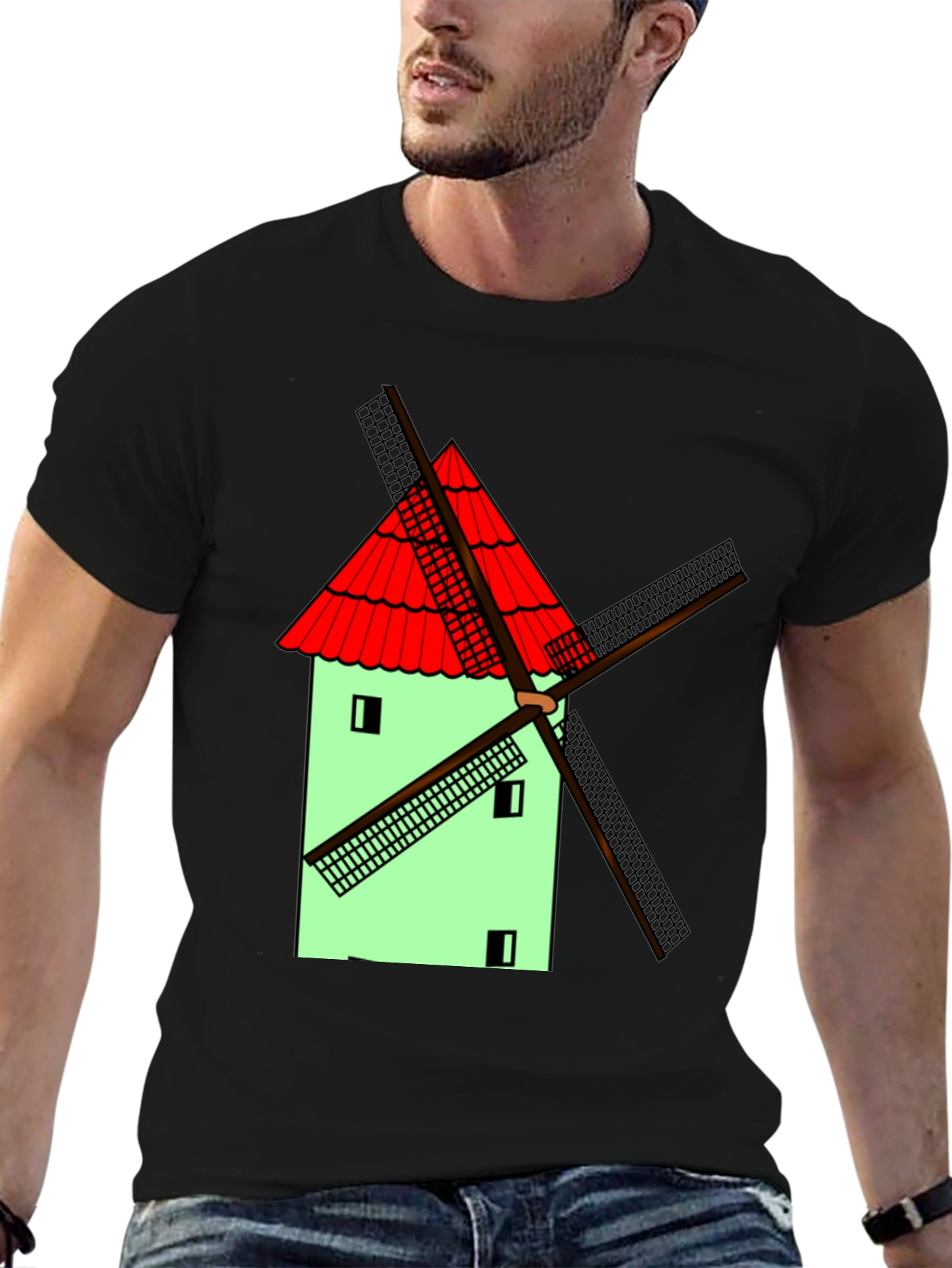 Novelty Windmill Graphic T-Shirt - Black Cotton Blend