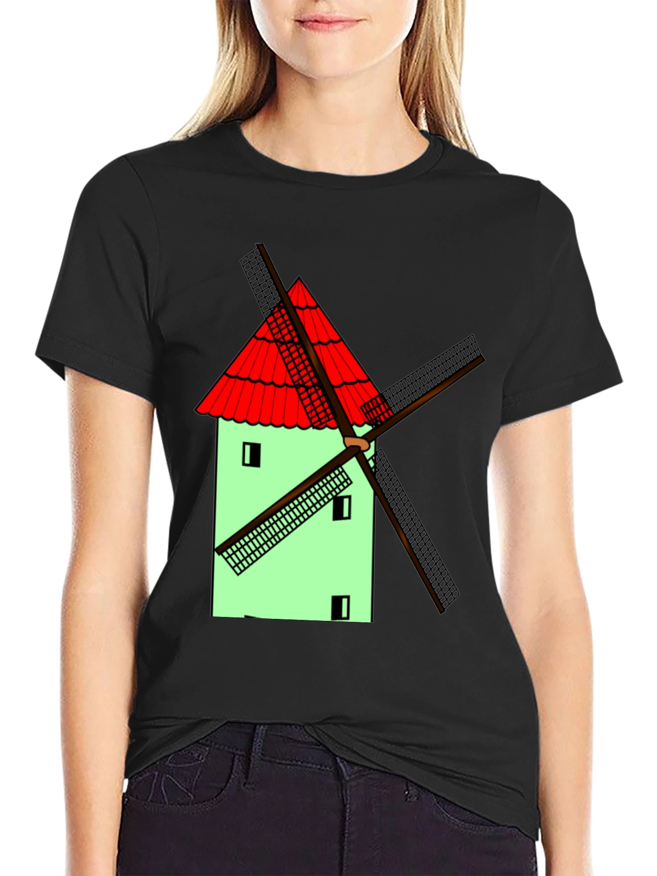Novelty Windmill Graphic T-Shirt - Black Cotton Blend