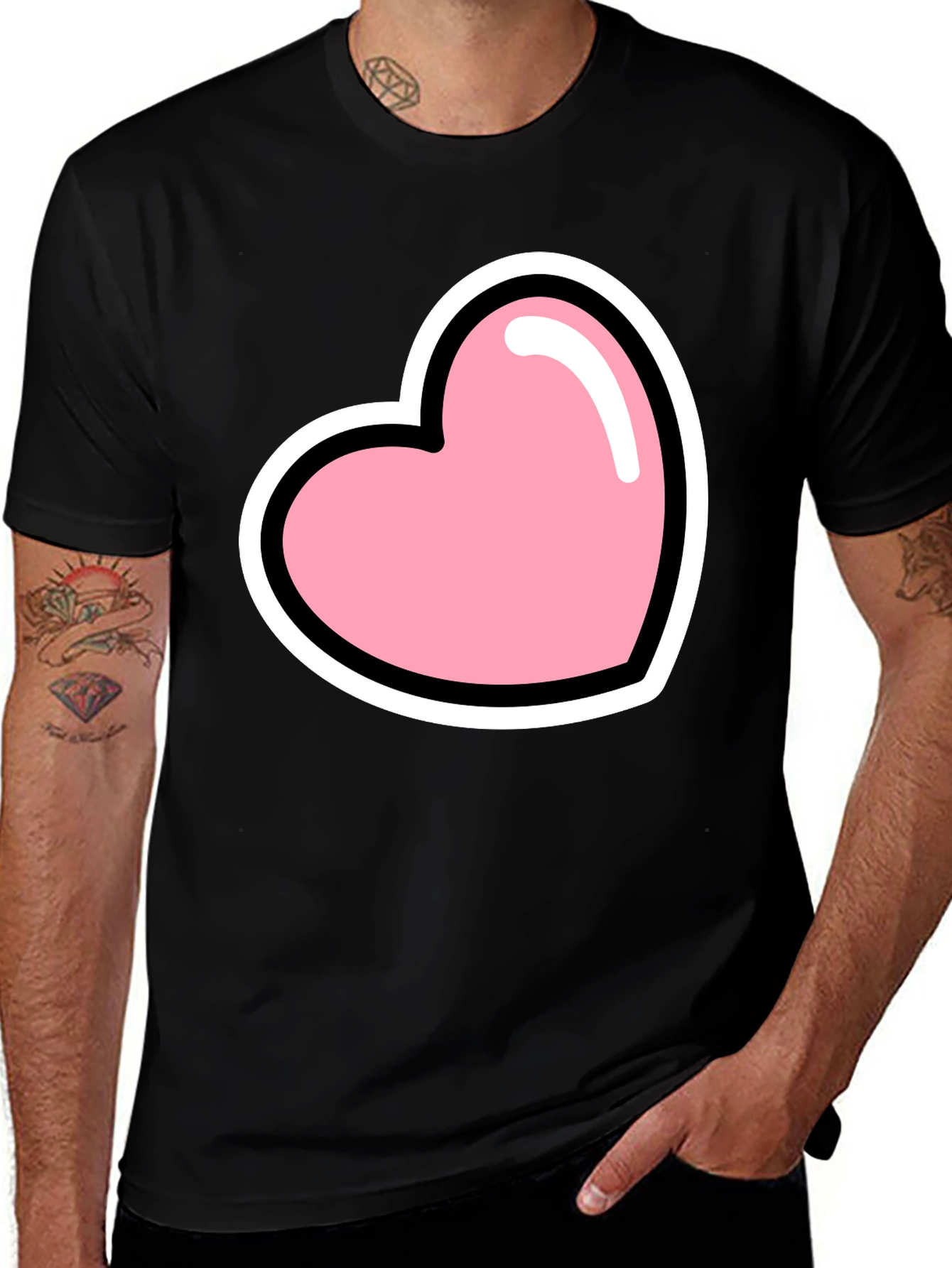 Pink Heart Graphic Black T-Shirt Casual