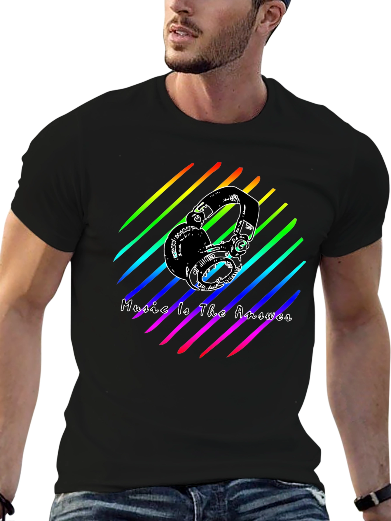 Music Is The Answer Tee - Rainbow Headphones Graphic