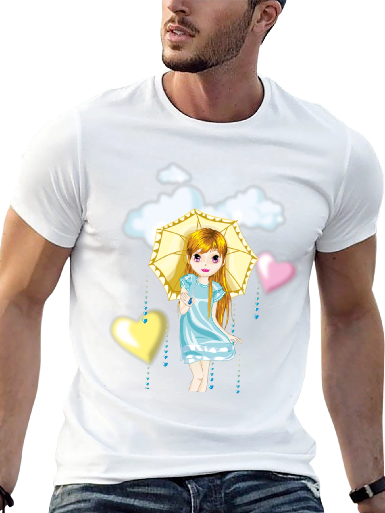 Cute Girl Umbrella Heart Cloud Black T-Shirt