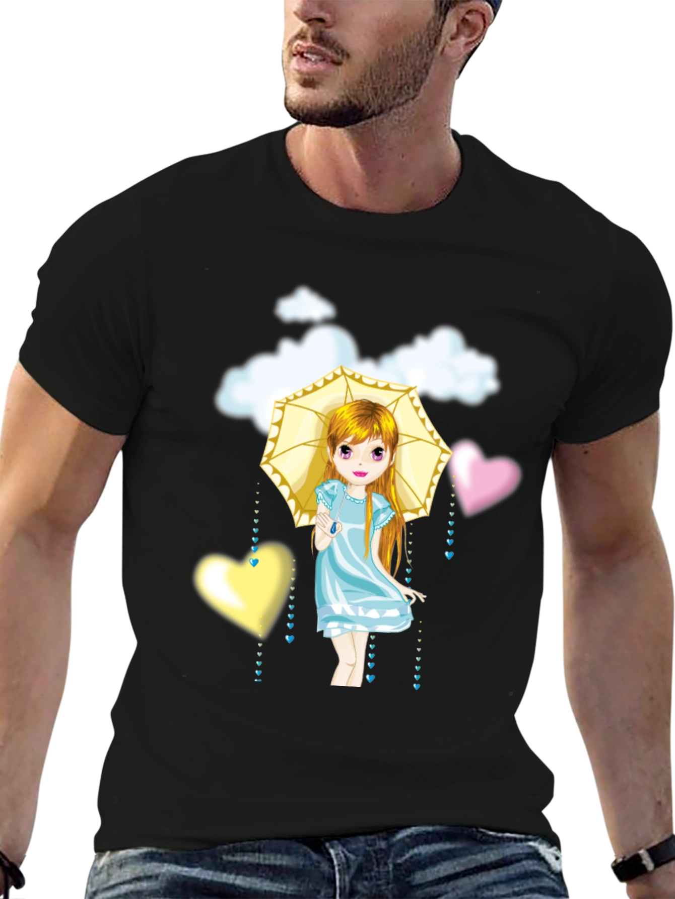 Cute Girl Umbrella Heart Cloud Black T-Shirt