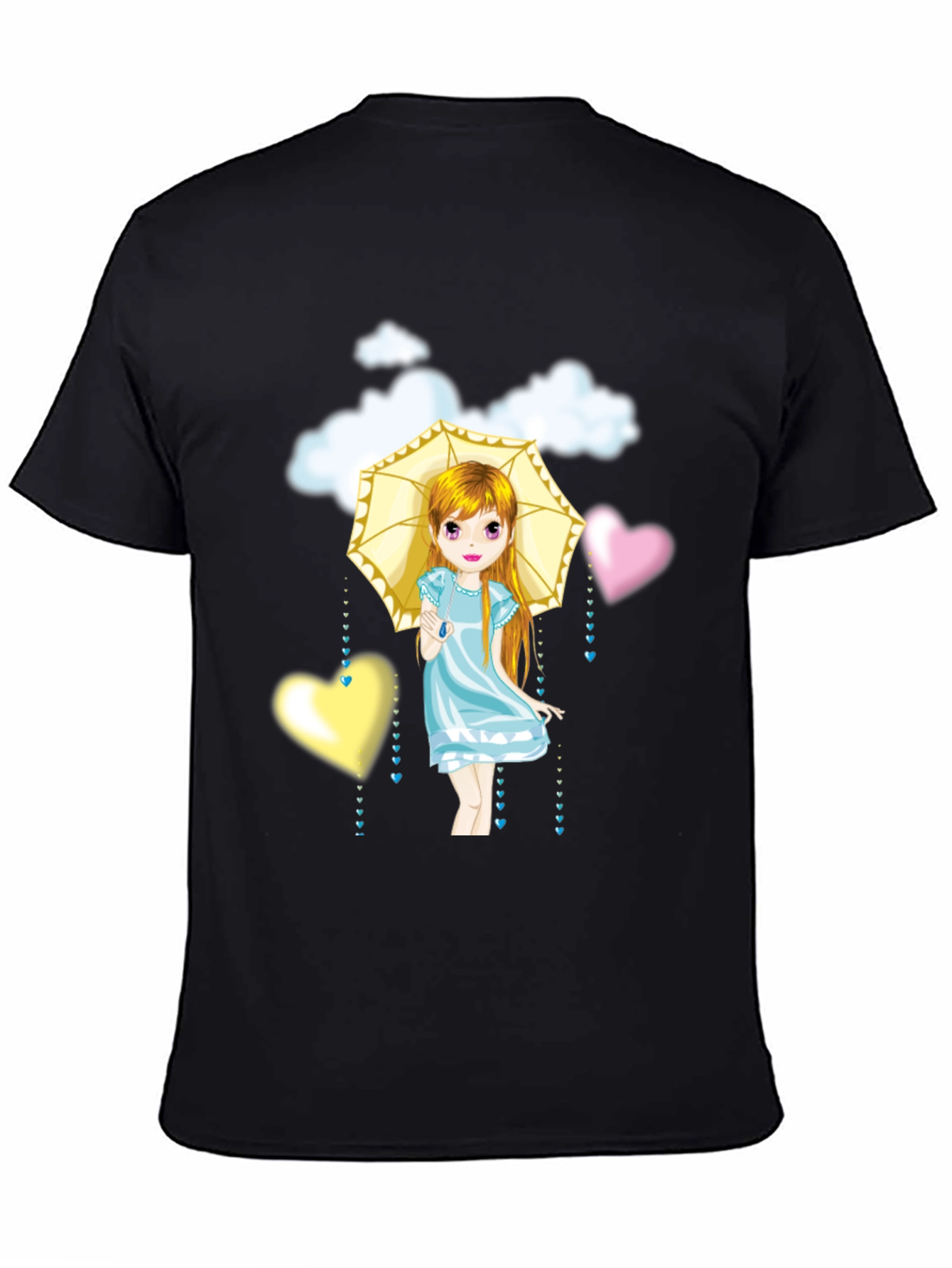 Cute Girl Umbrella Heart Cloud Black T-Shirt