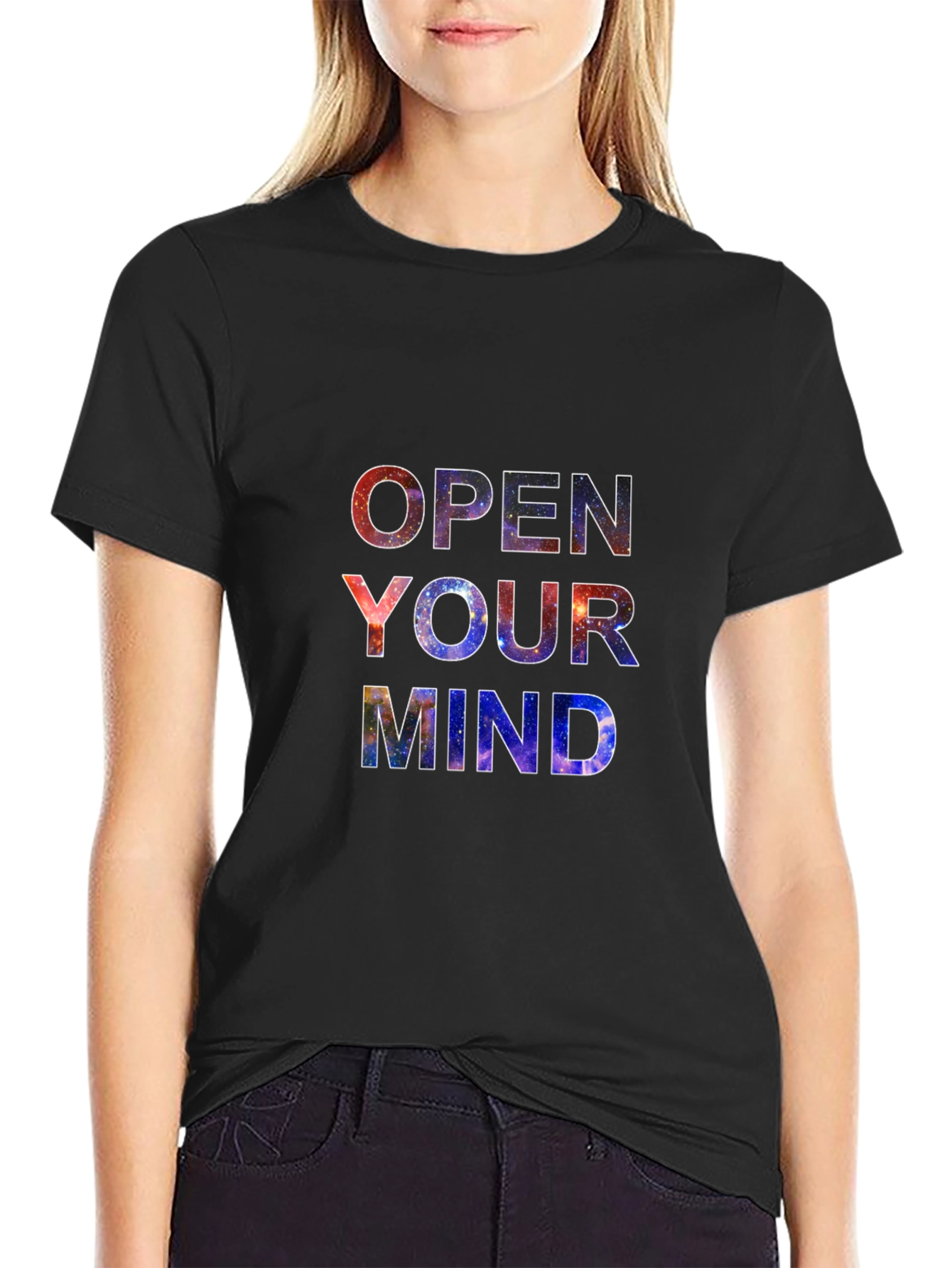 Open Your Mind Galaxy Print Black T-Shirt