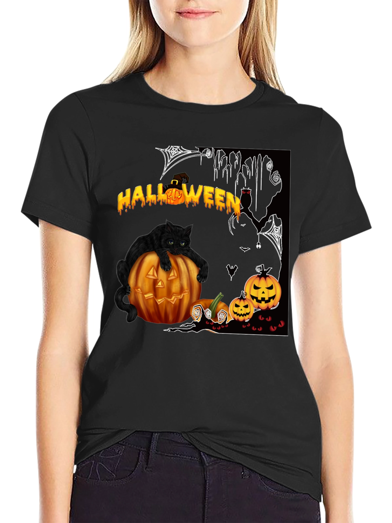 Halloween Cat & Pumpkin T-Shirt - Spooky Season