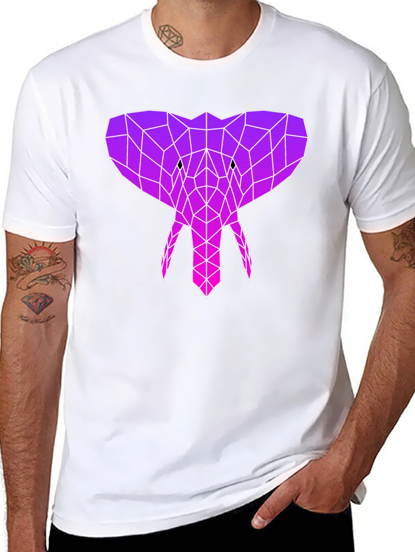 Geometric Elephant Head Graphic Tee - Black