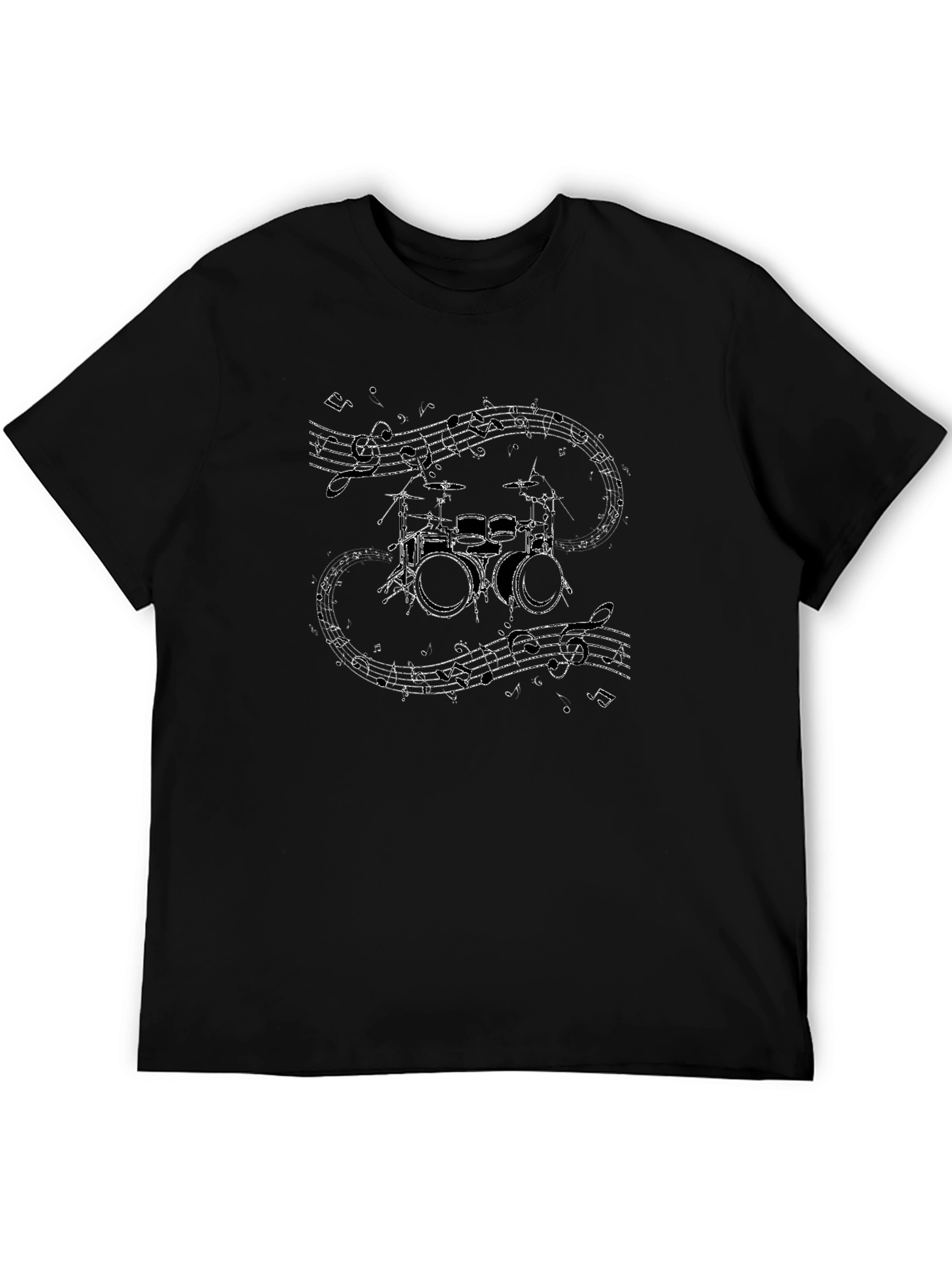 Drum Kit & Musical Notes Graphic Black T-Shirt