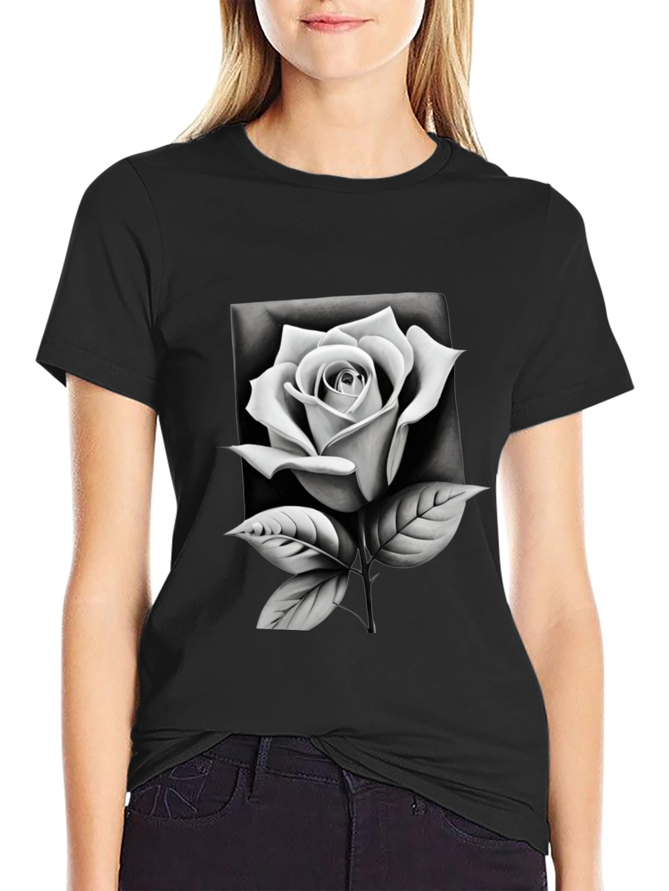 Monochrome Rose Graphic Tee - Stylish Black T-Shirt