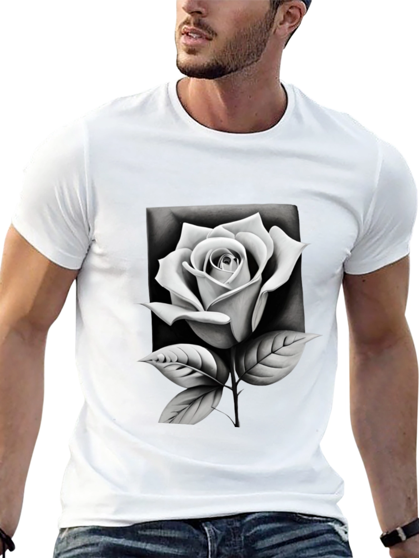 Monochrome Rose Graphic Tee - Stylish Black T-Shirt