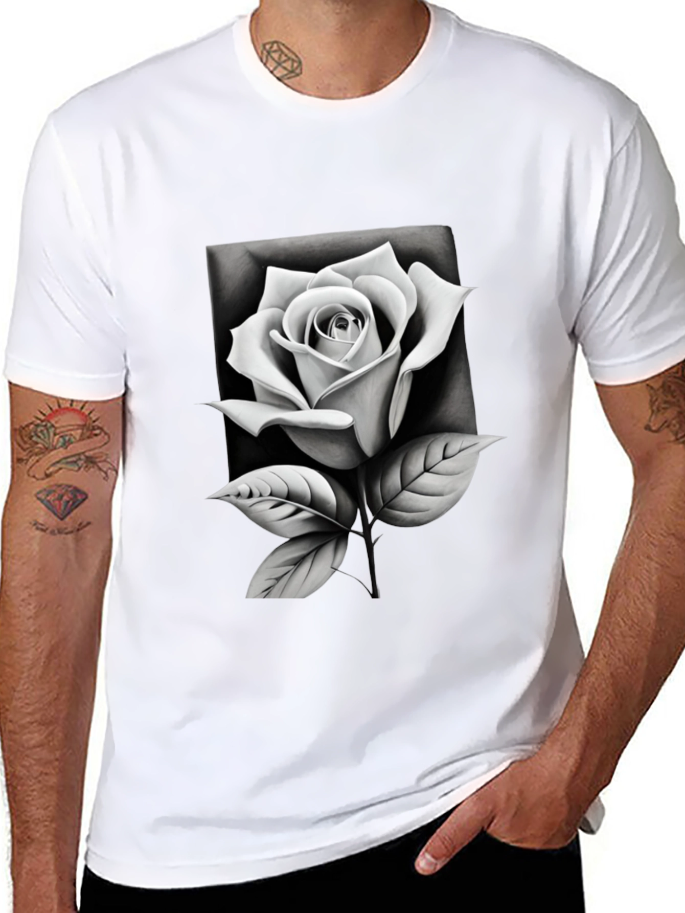 Monochrome Rose Graphic Tee - Stylish Black T-Shirt