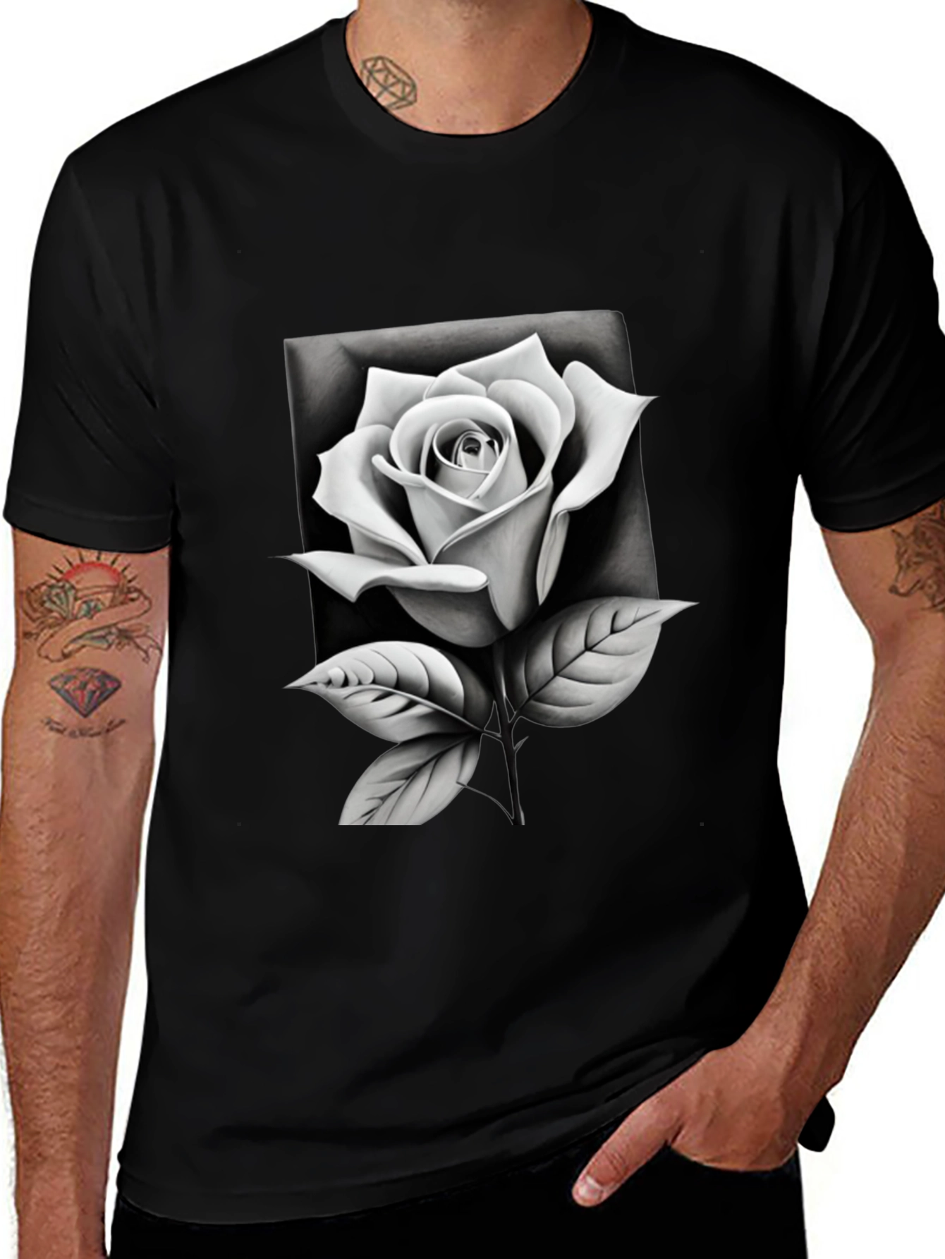 Monochrome Rose Graphic Tee - Stylish Black T-Shirt