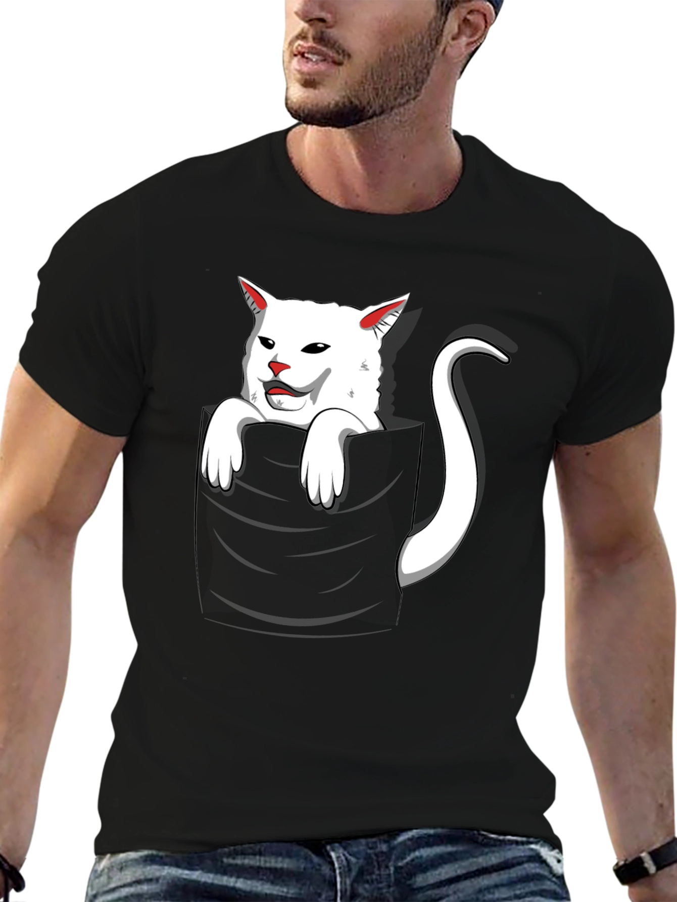 Cat Pocket T-Shirt - Funny White Cat Design