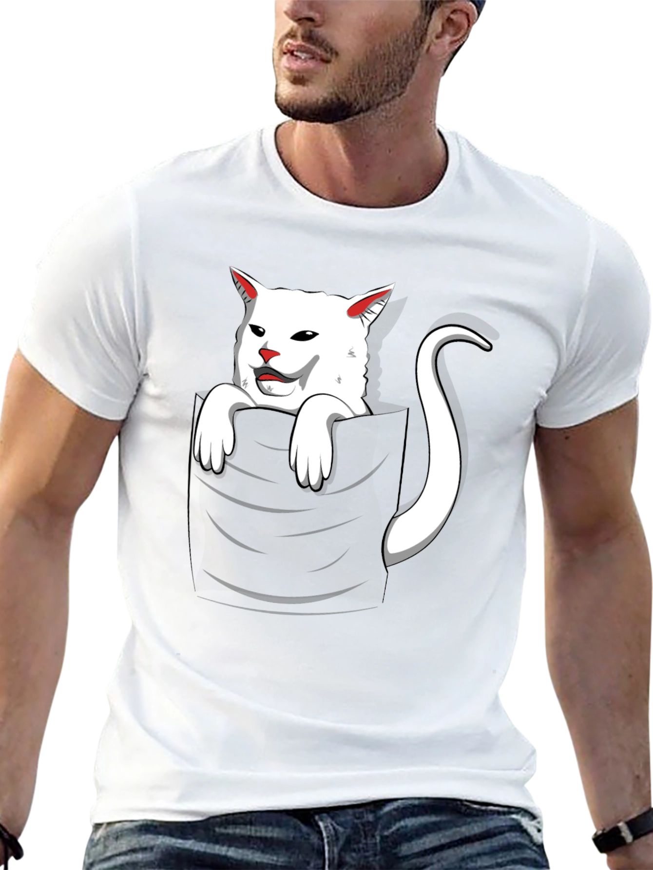 Cat Pocket T-Shirt - Funny White Cat Design