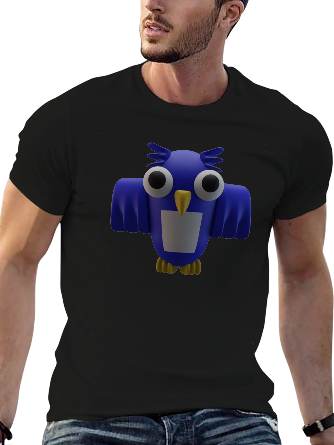 Blue Cartoon Owl Graphic Print Mens Black T-Shirt