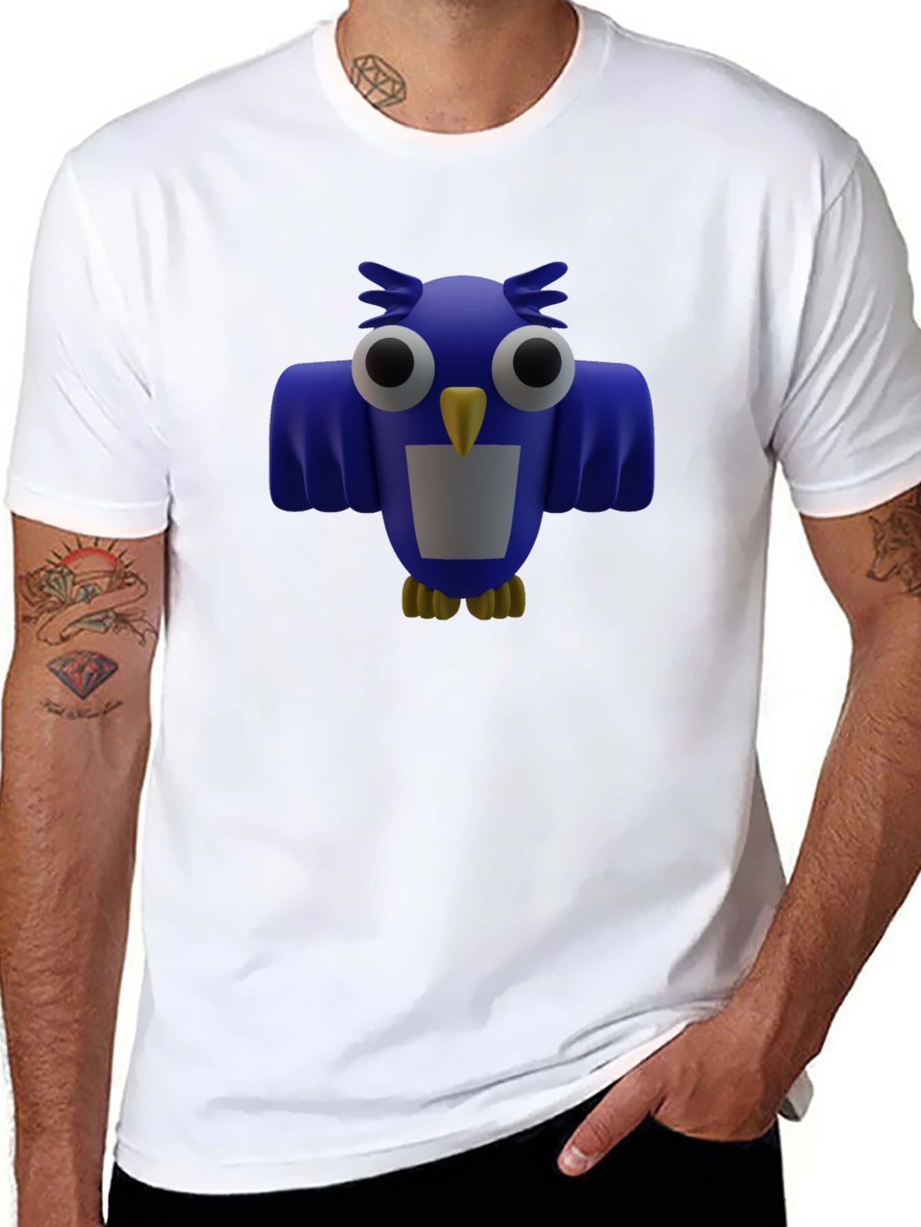Blue Cartoon Owl Graphic Print Mens Black T-Shirt