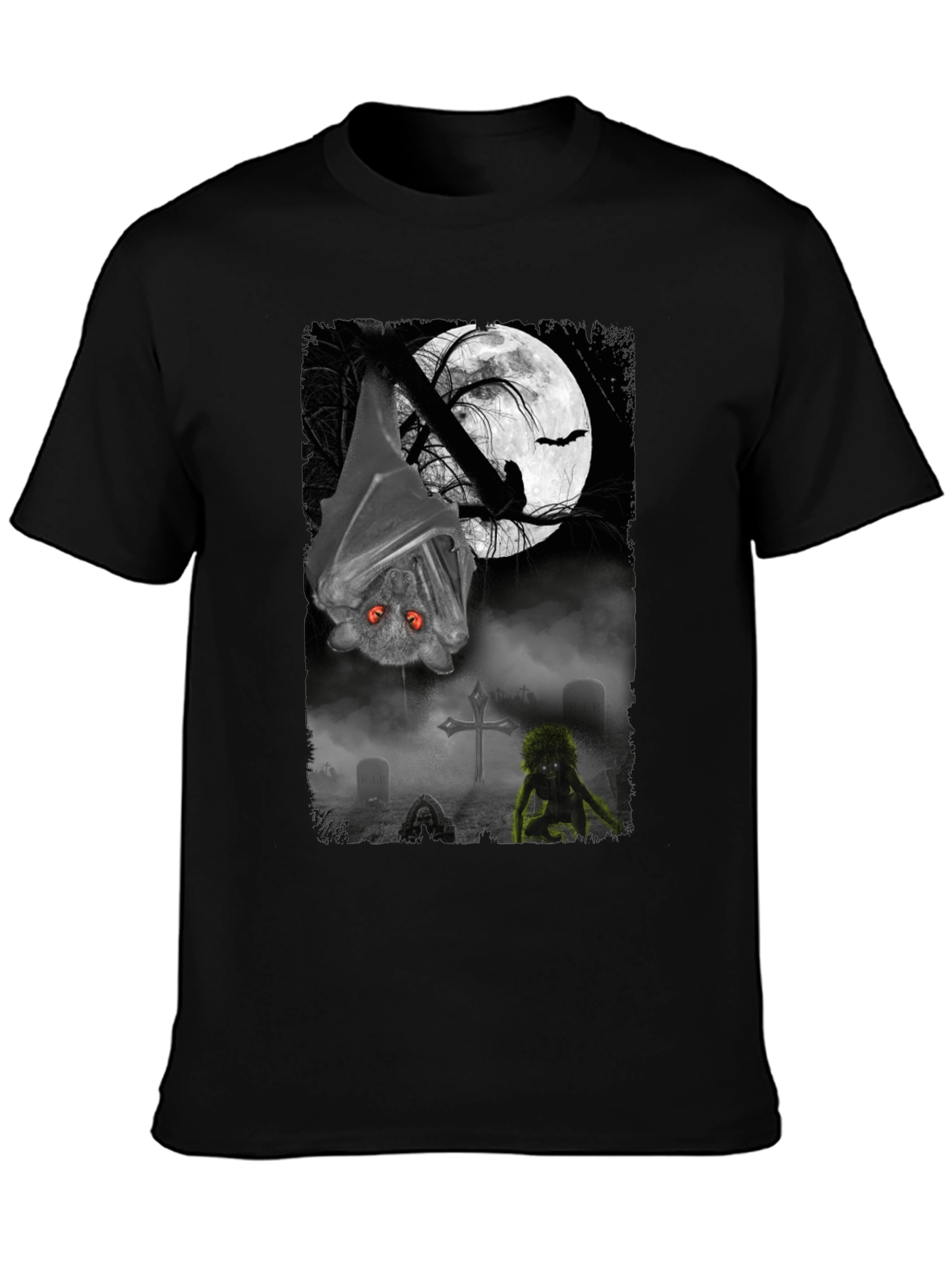 Halloween Bat & Graveyard Graphic T-Shirt