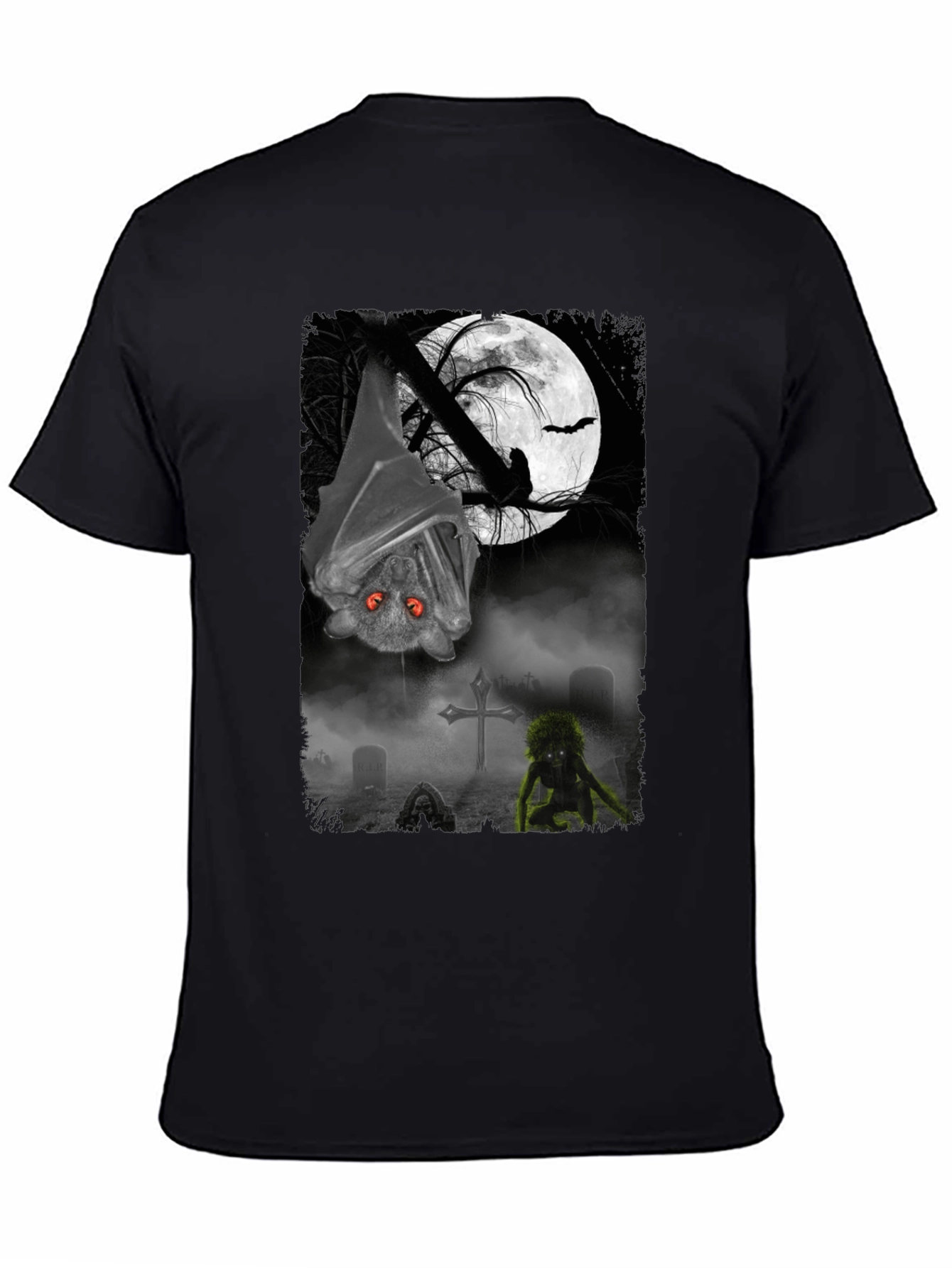 Halloween Bat & Graveyard Graphic T-Shirt