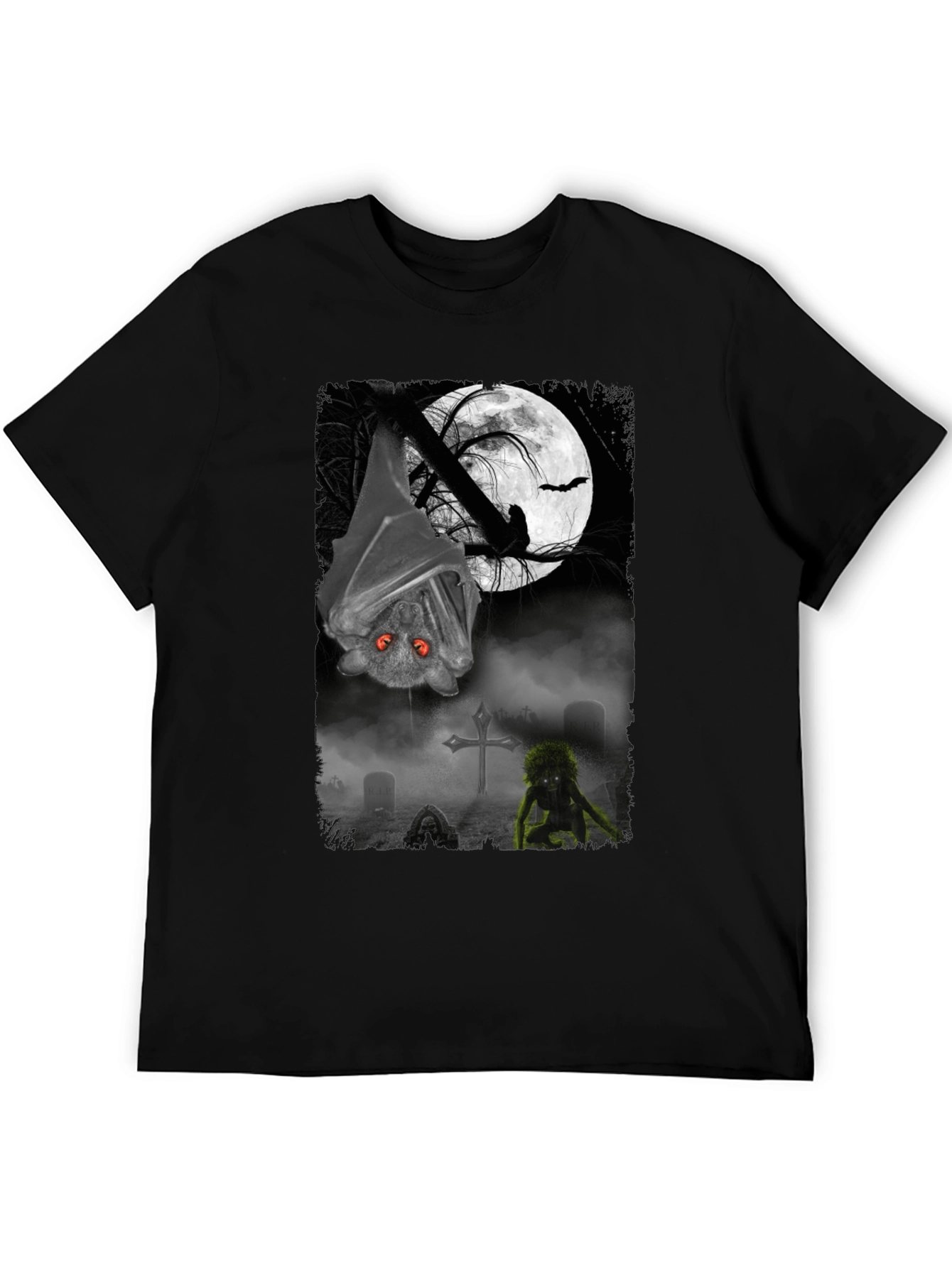 Halloween Bat & Graveyard Graphic T-Shirt