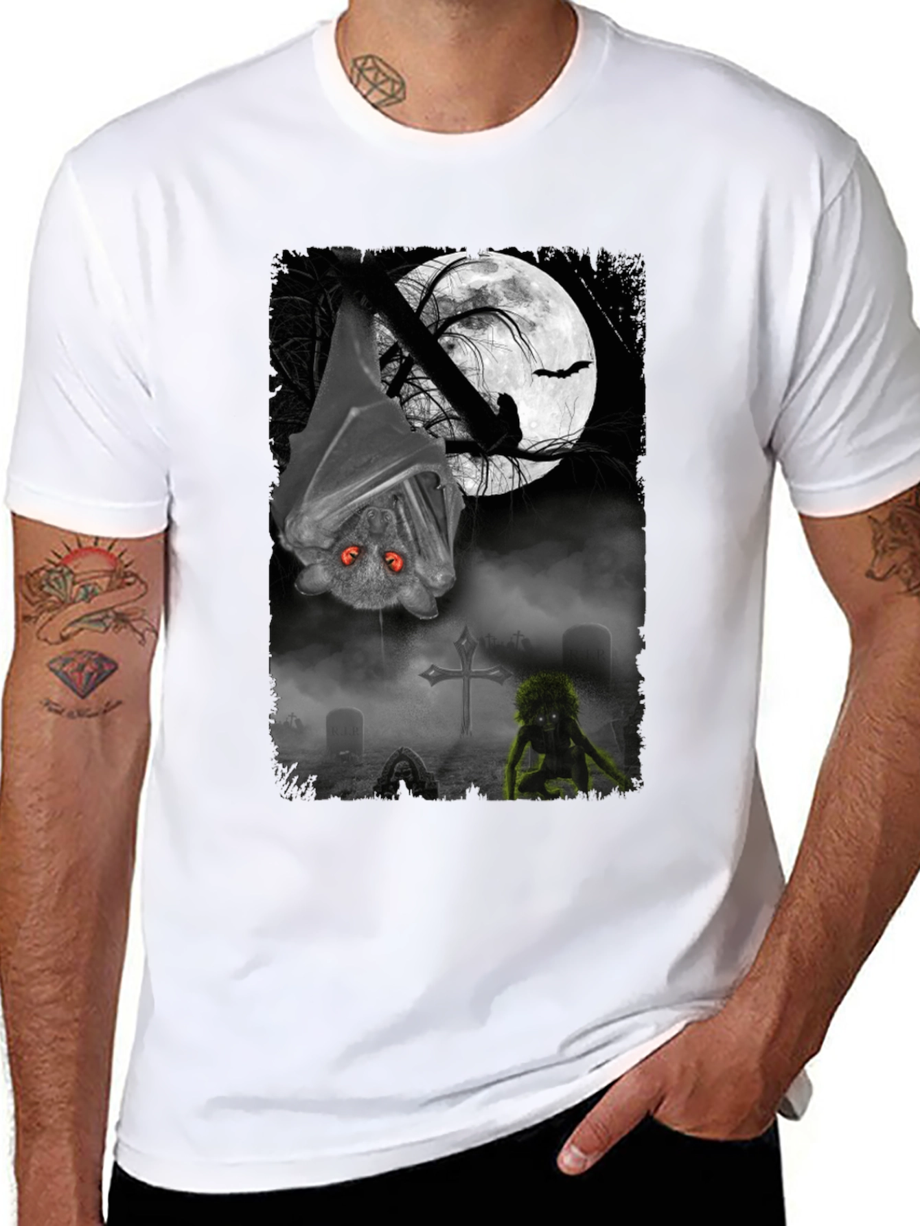 Halloween Bat & Graveyard Graphic T-Shirt