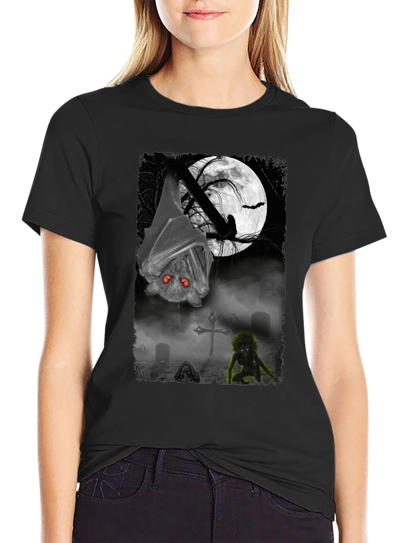 Halloween Bat & Graveyard Graphic T-Shirt