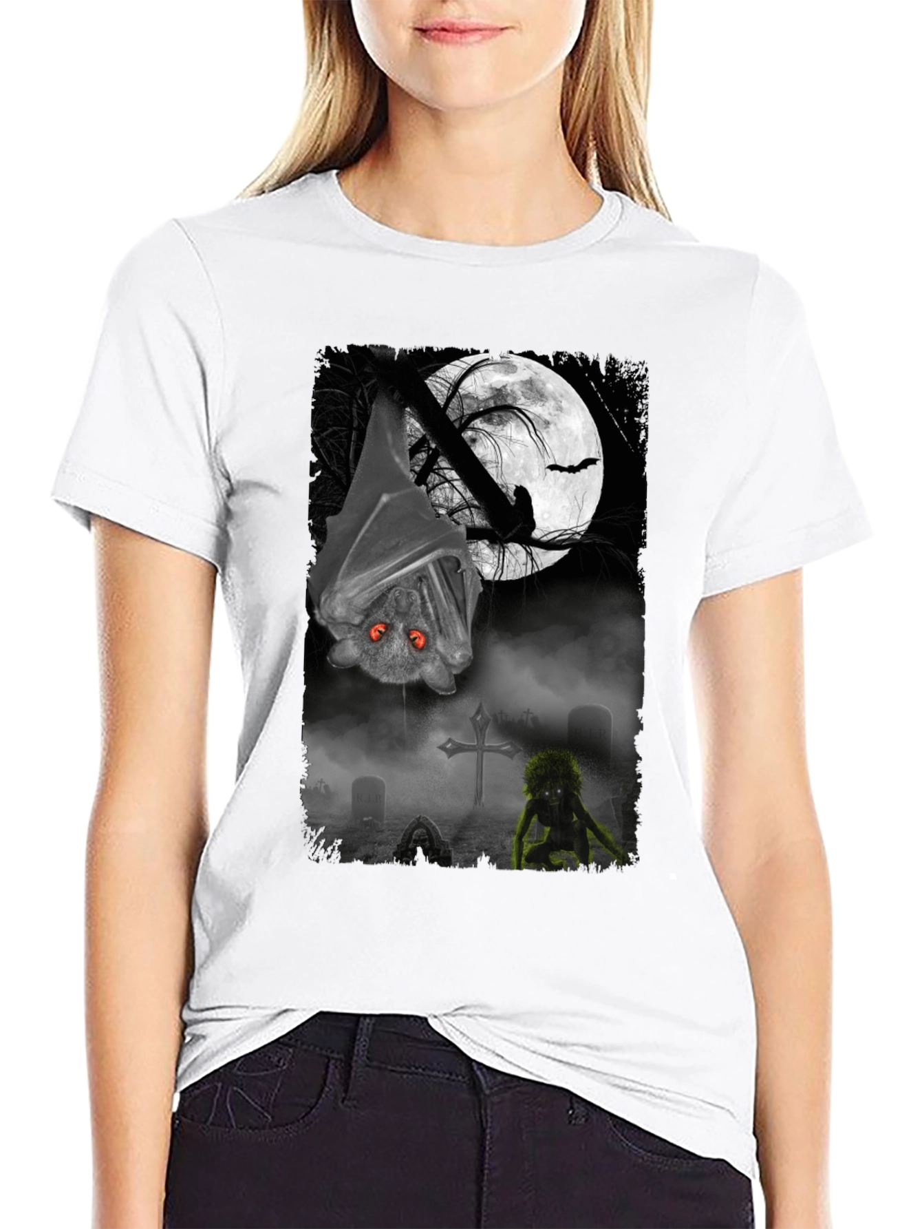 Halloween Bat & Graveyard Graphic T-Shirt