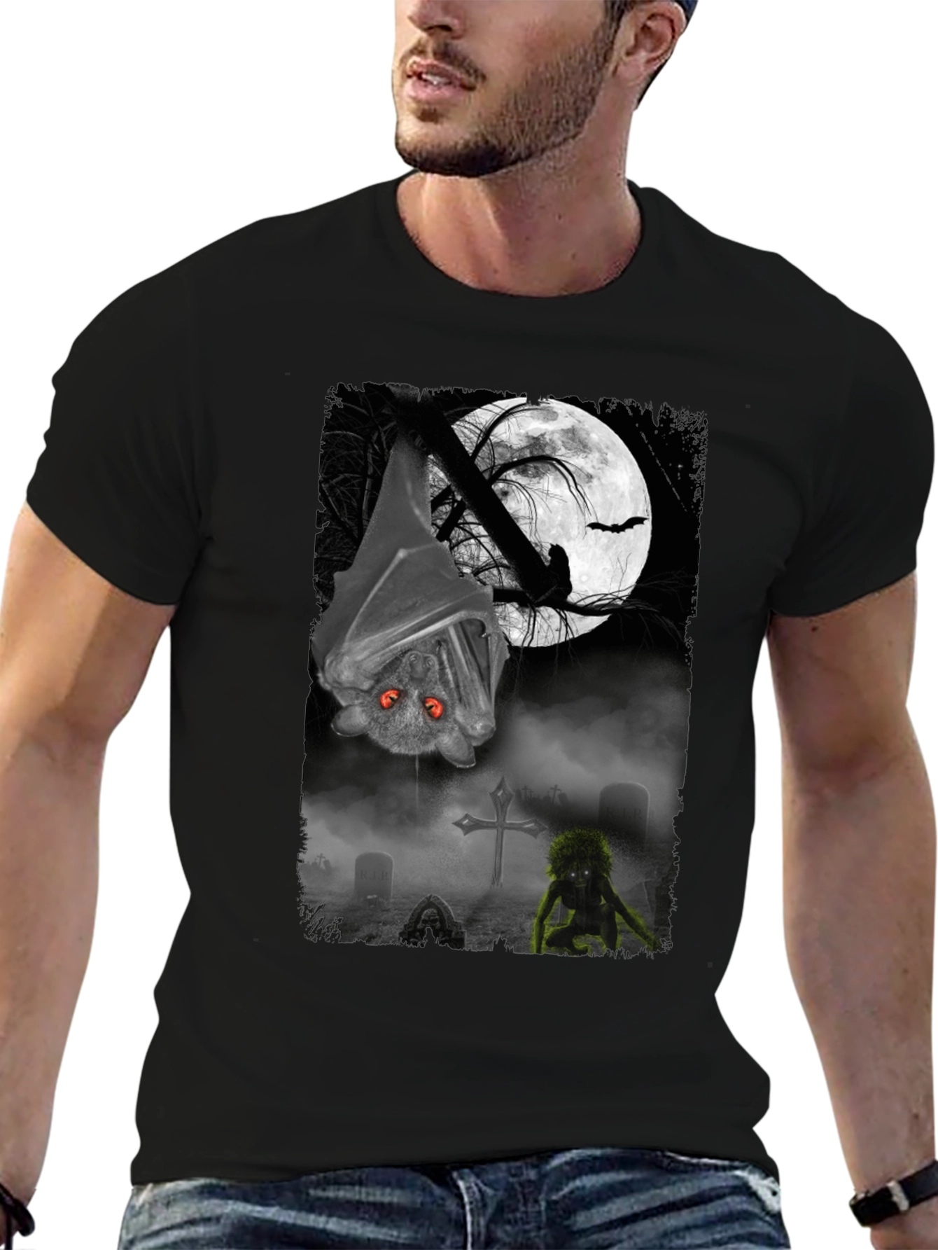 Halloween Bat & Graveyard Graphic T-Shirt
