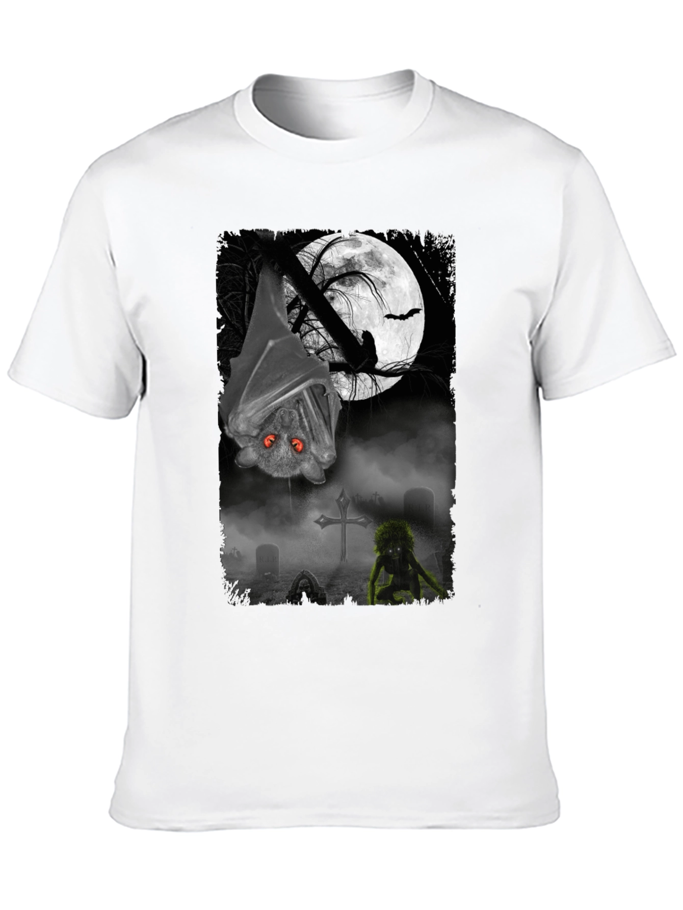 Halloween Bat & Graveyard Graphic T-Shirt